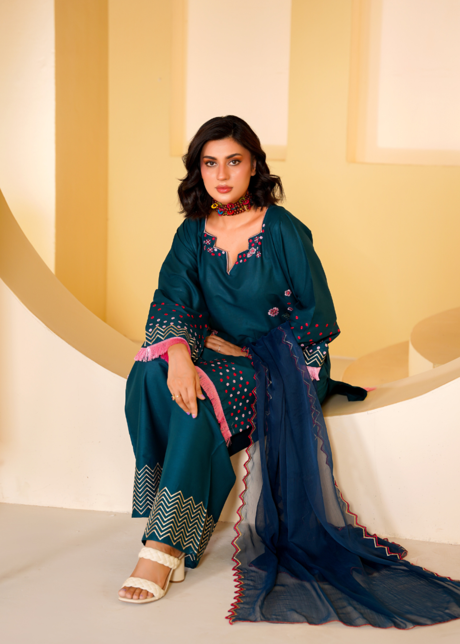 lawn cotton Kurta Set in Steel blue