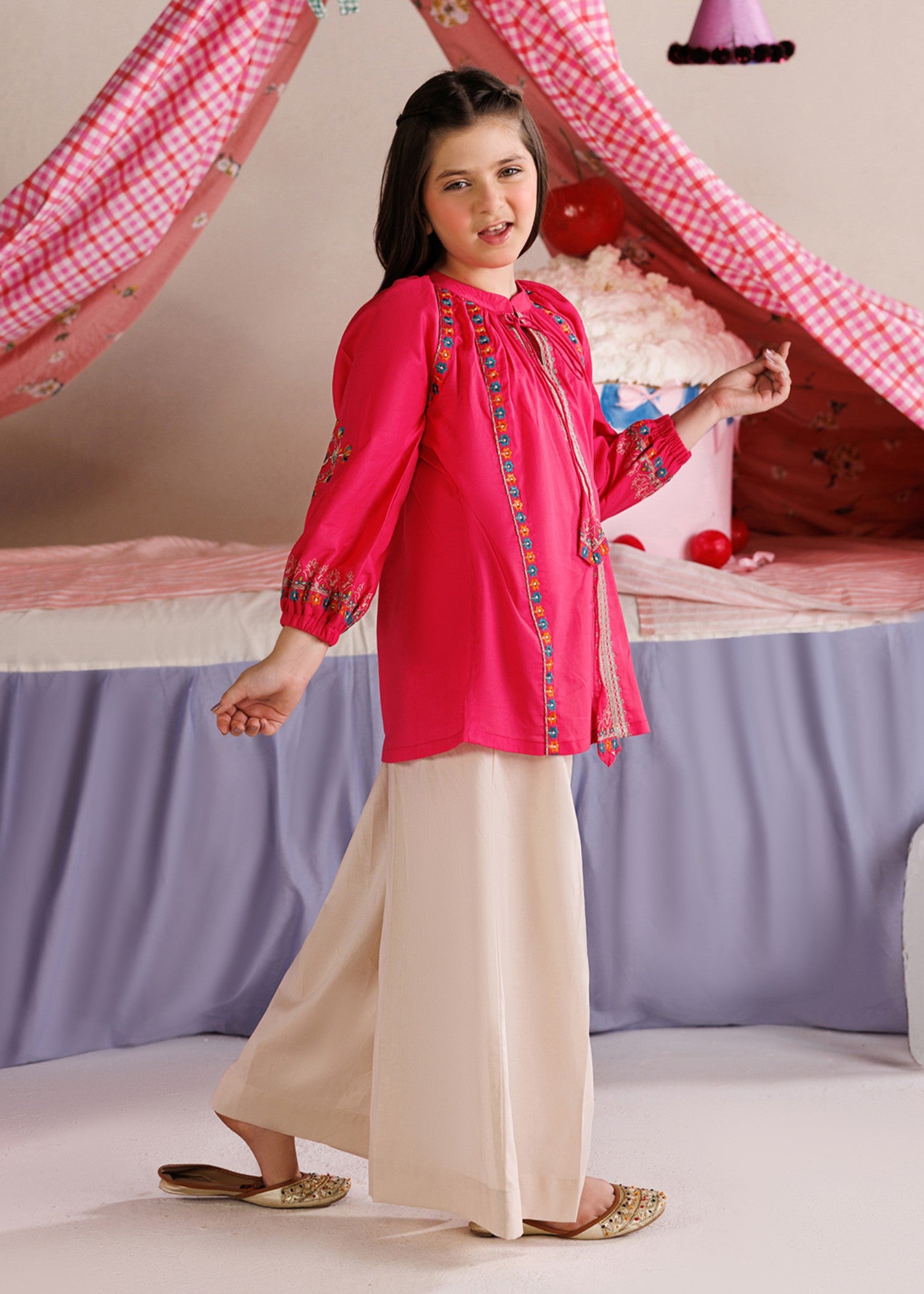 lawn Short Frock in Hot pink