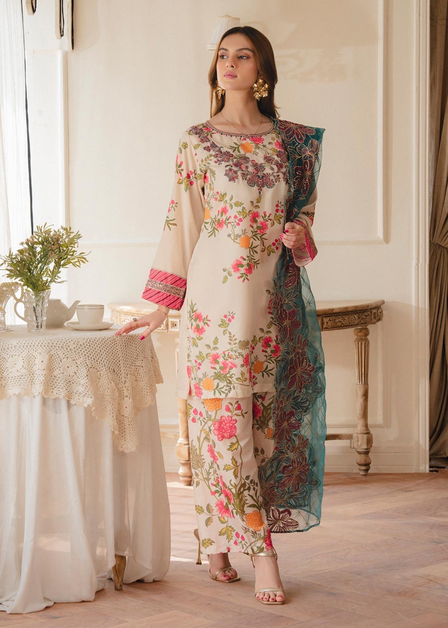 poly lawn Kurta Set in Teal, red, off-white