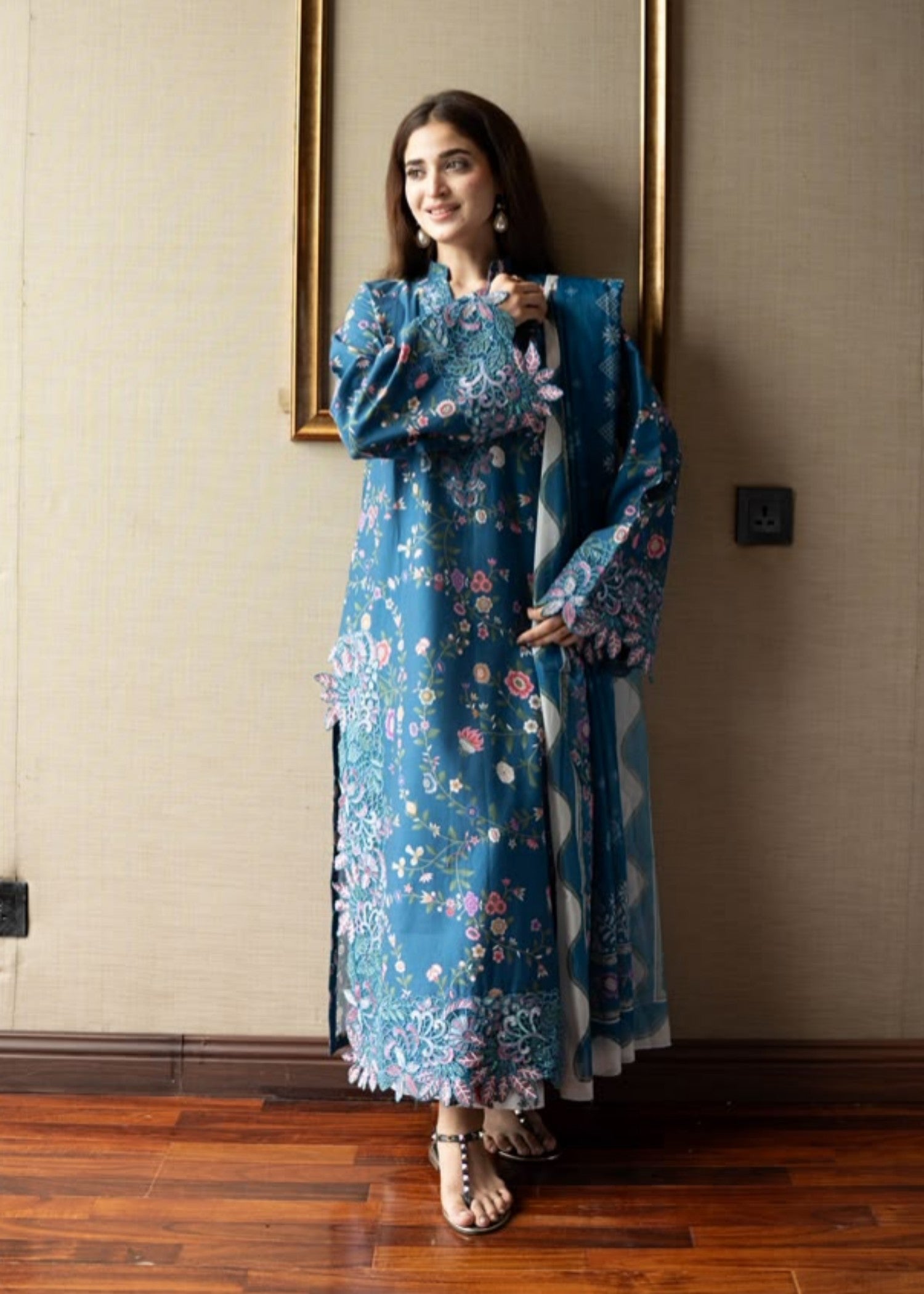lawn Kurta Set in Navy blue