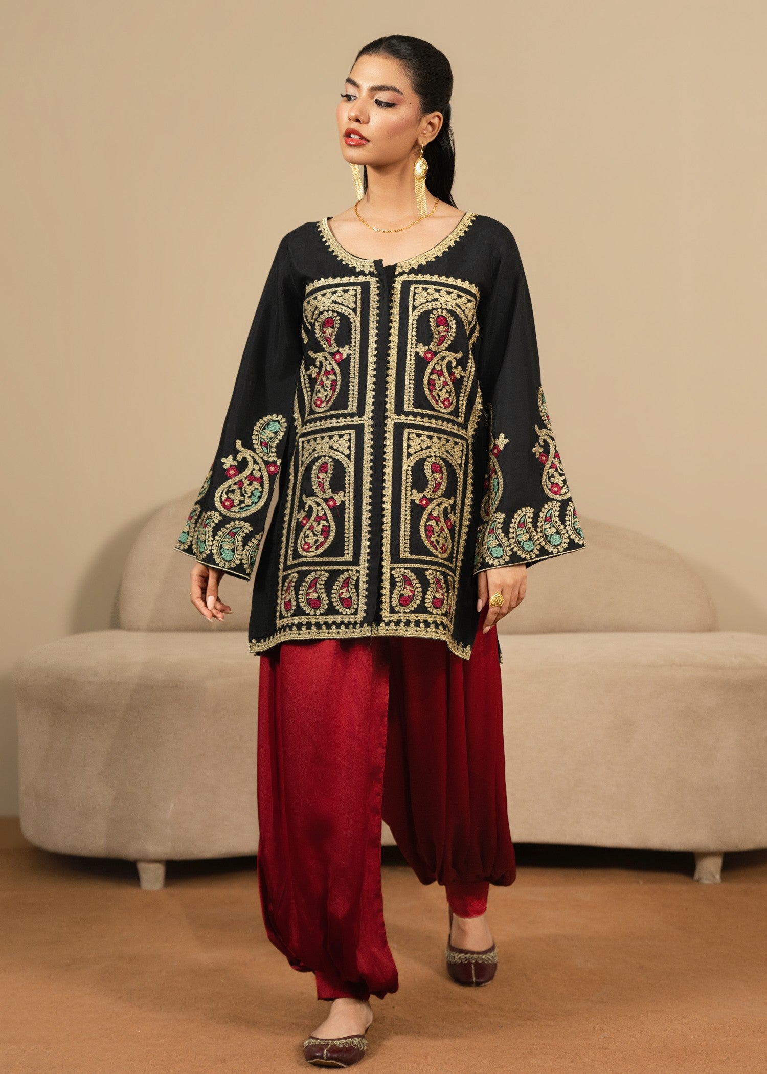 silk Kurta Set in Black, maroon