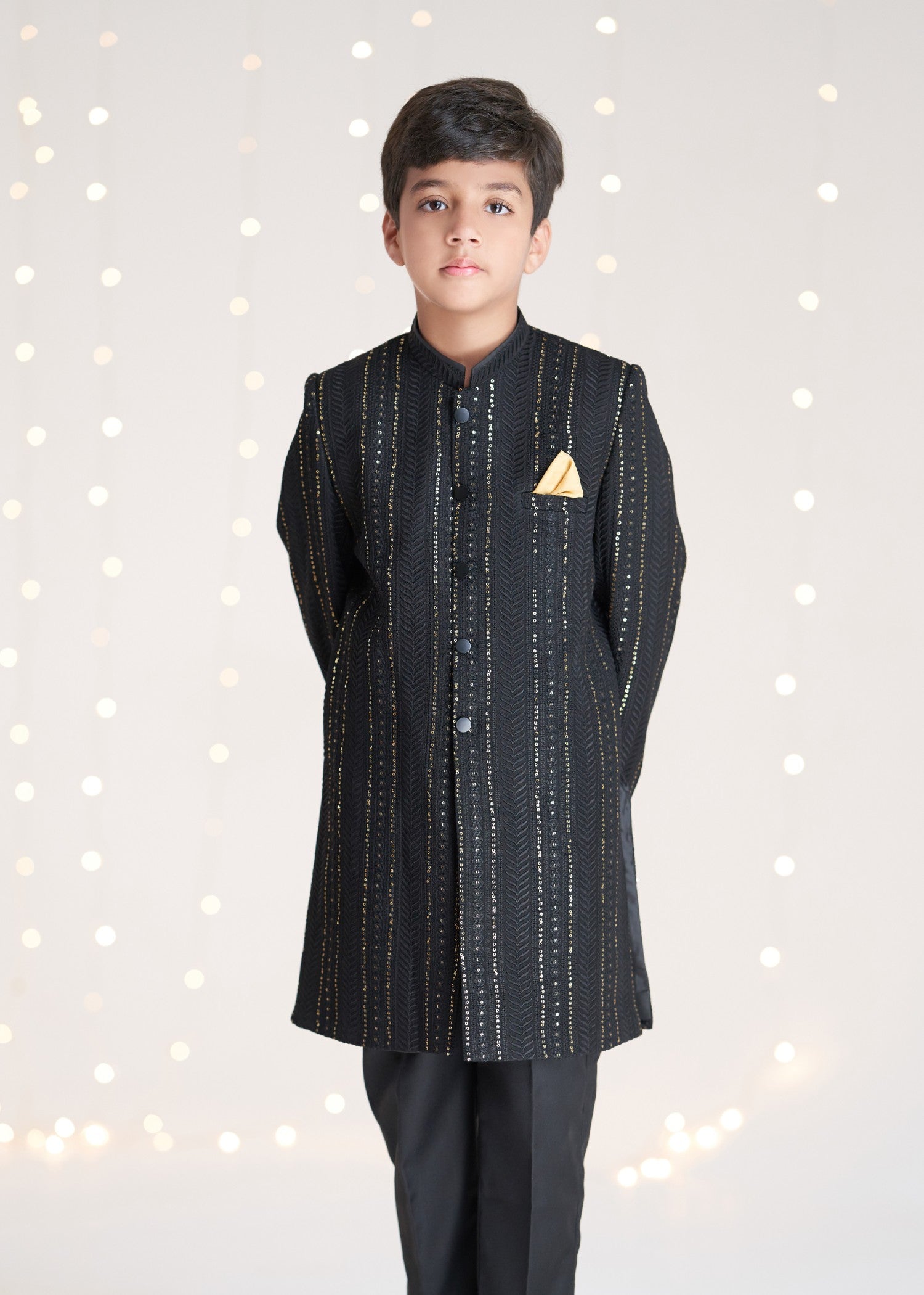 raw silk Sherwani in Black