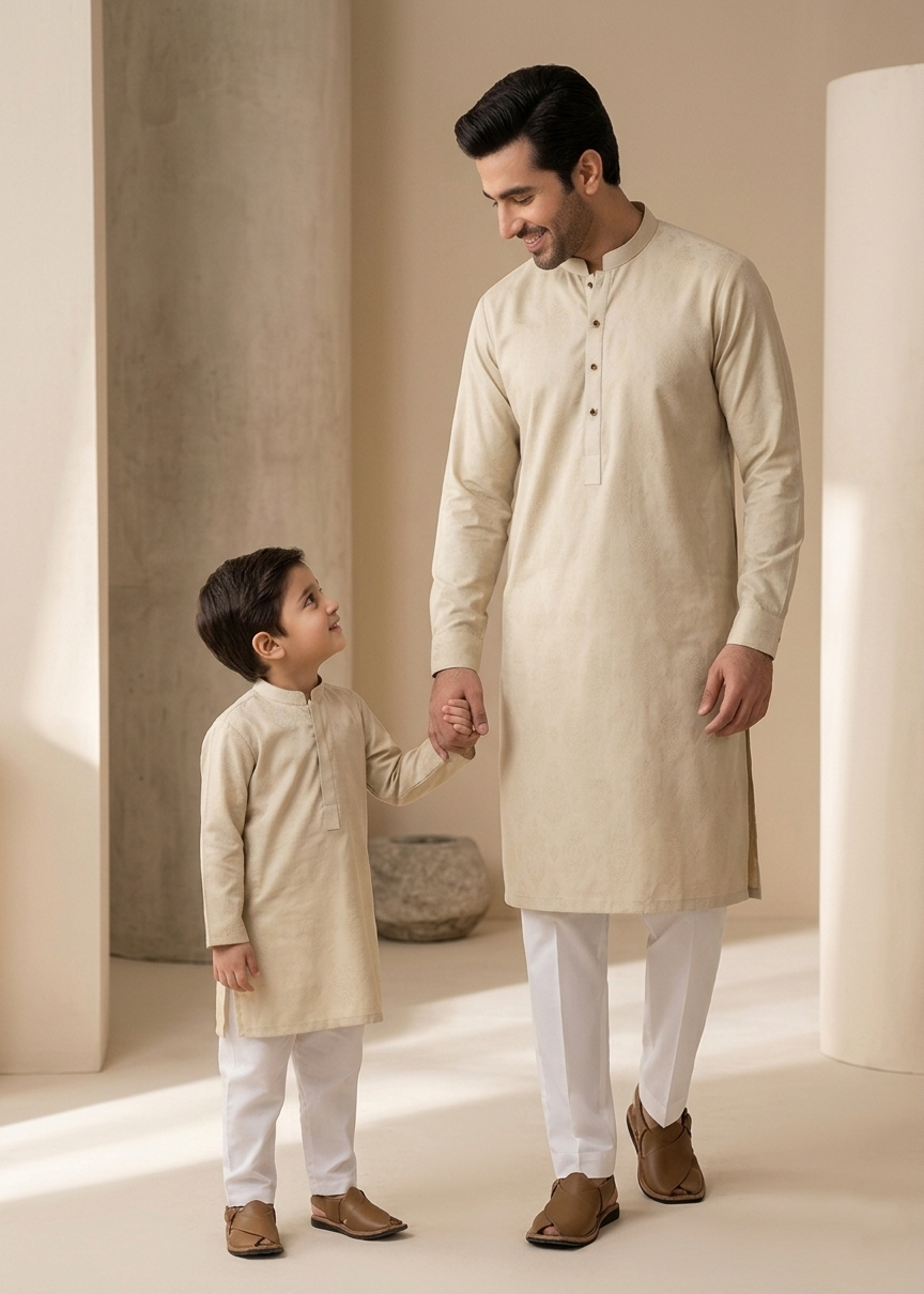self jacquard Kurta in Beige by Atiq Ur Rehman