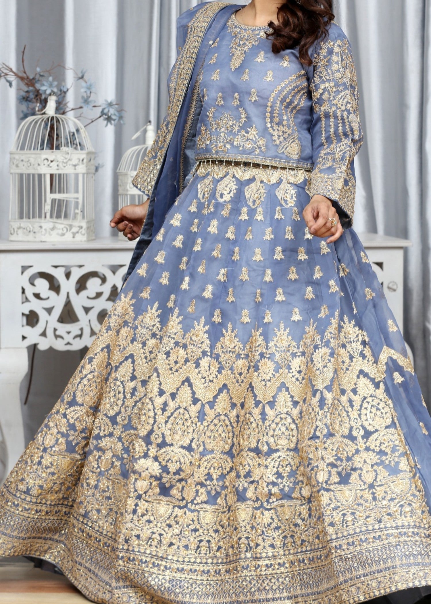 organza Lehenga in Duck egg grey