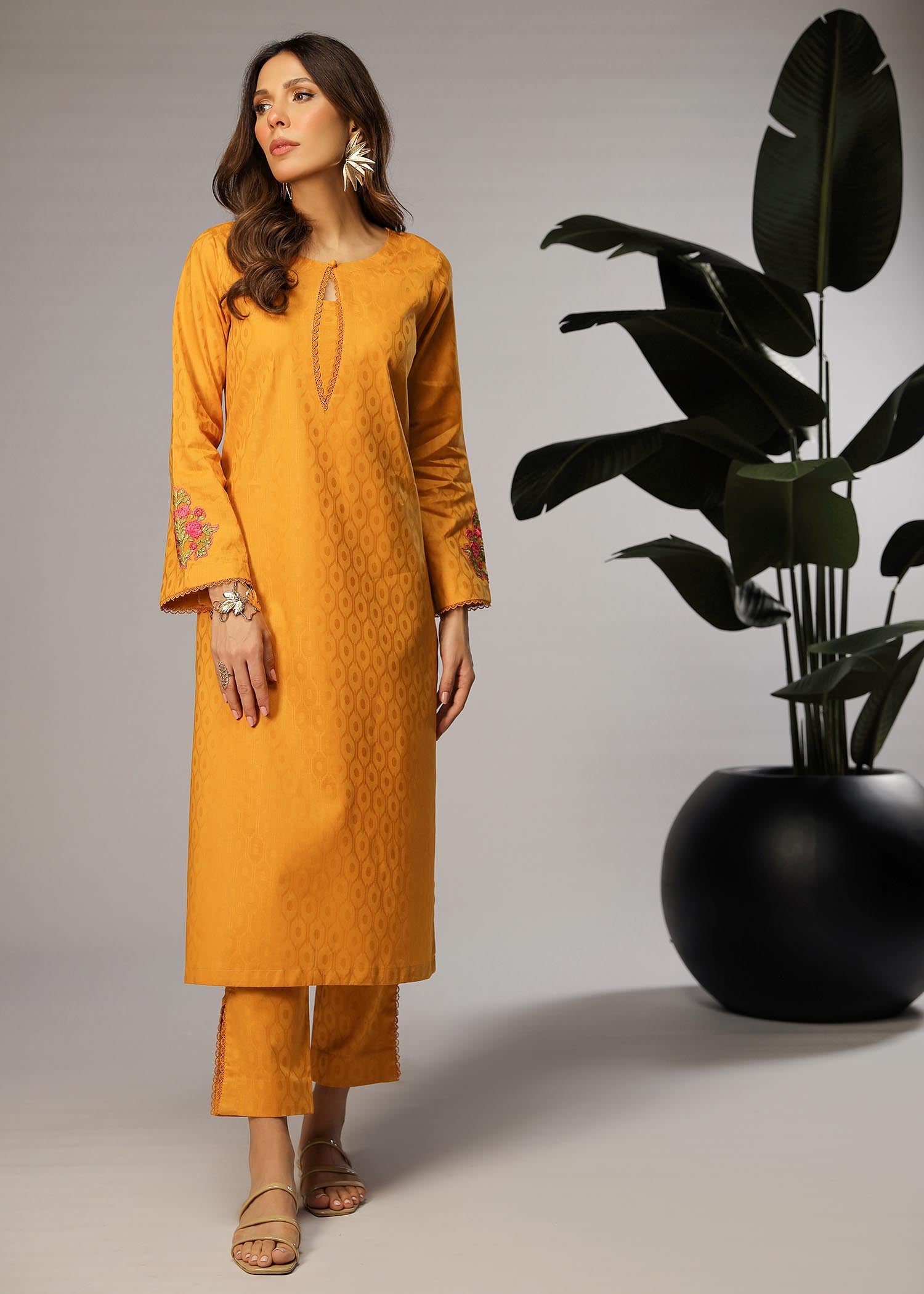 self jacquard Kurta Set in Yellow