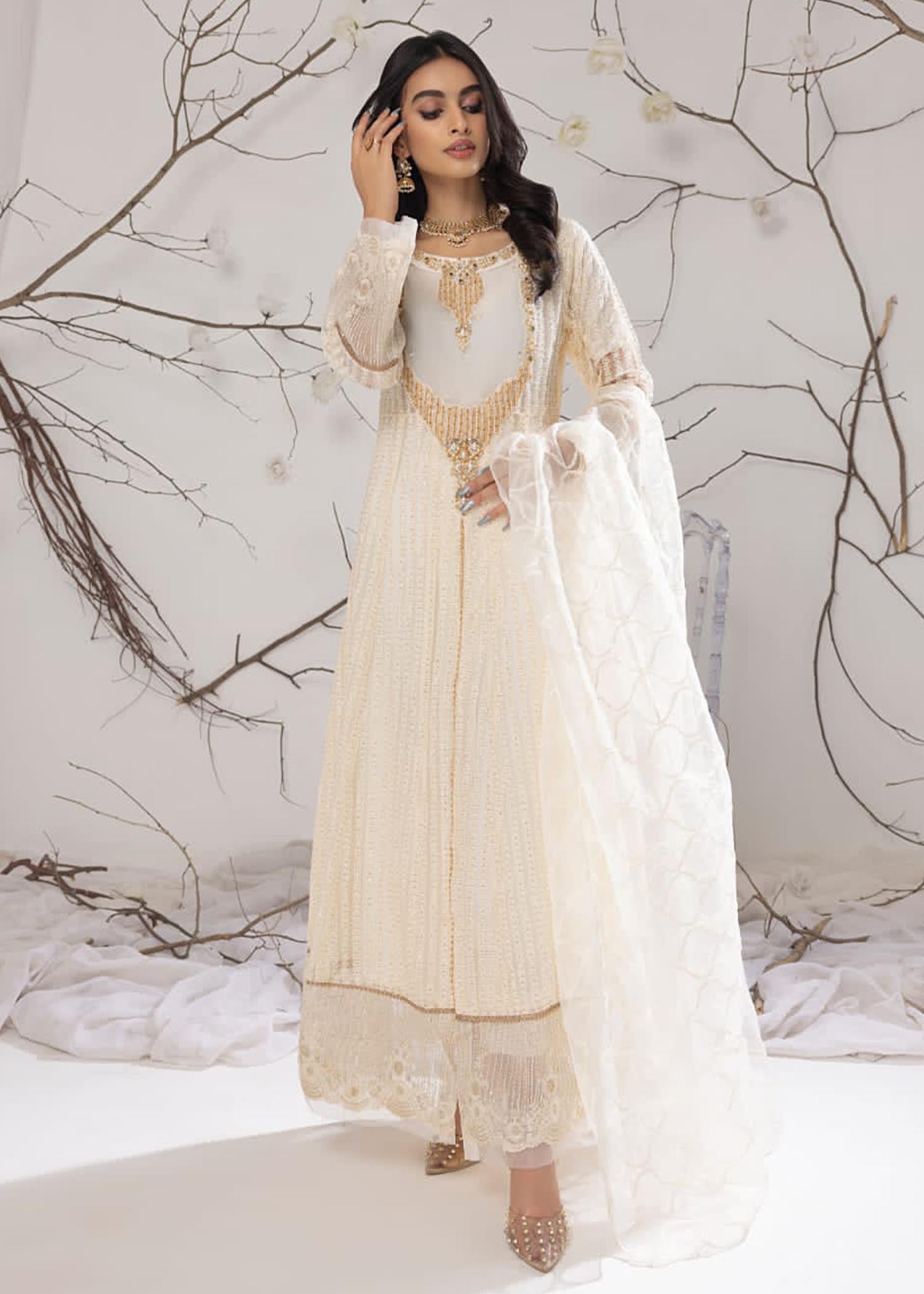 khaddi net Pishwas in White