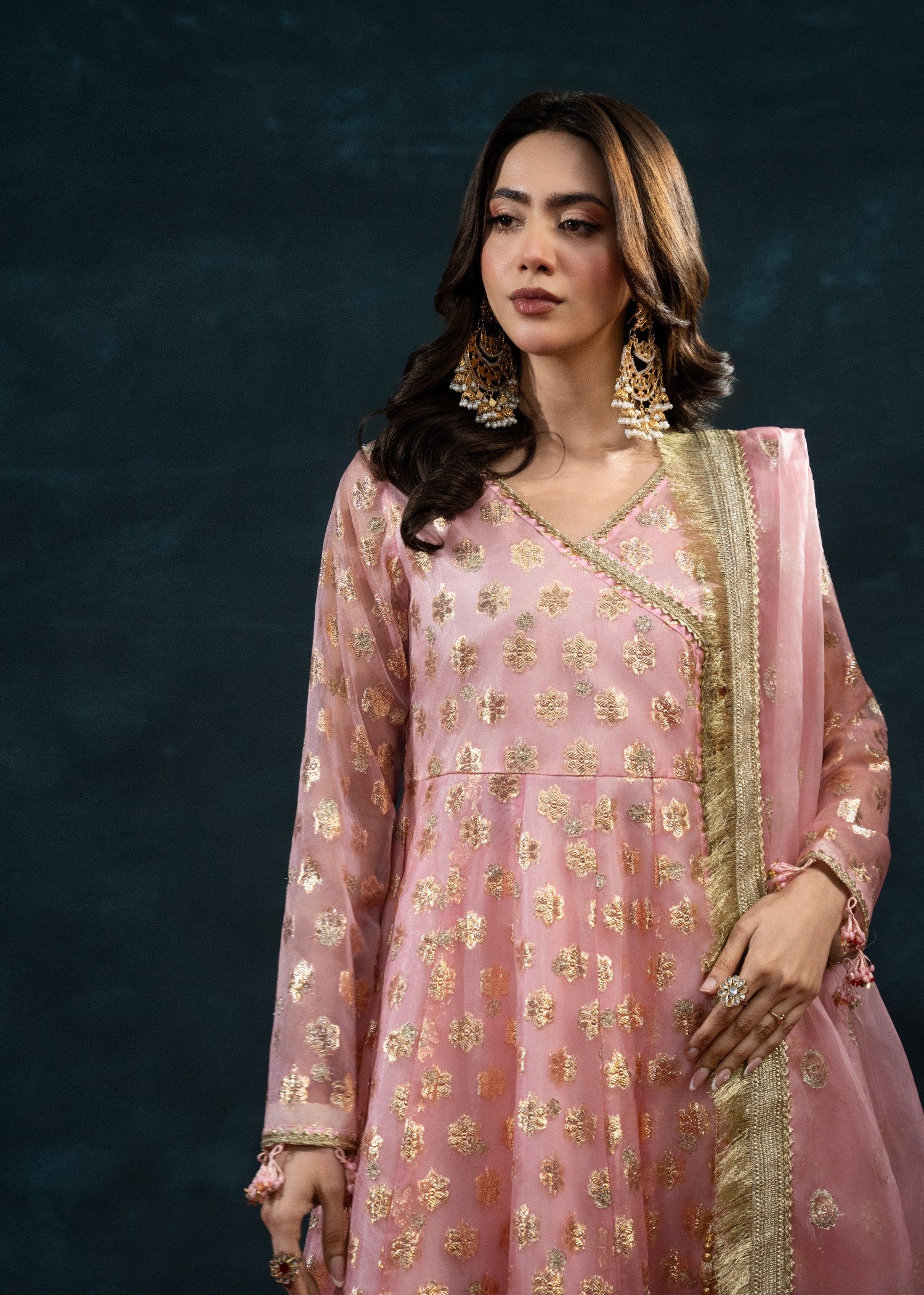 zari tissue Angrakha in Peach pink