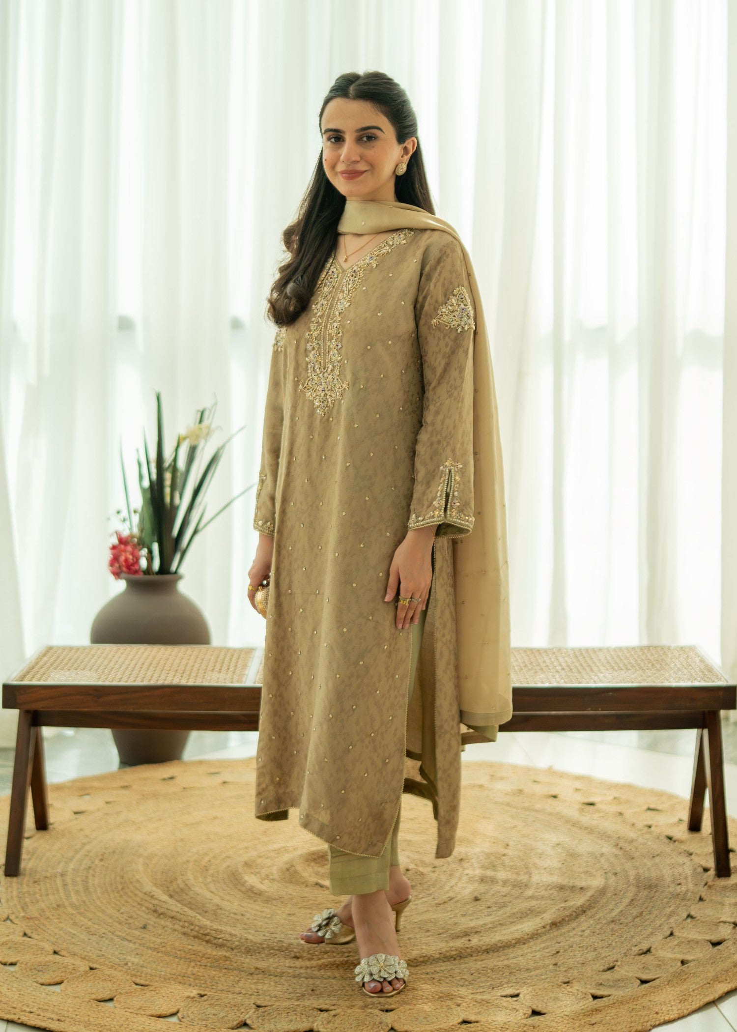silk Kurta Set in Camel brown