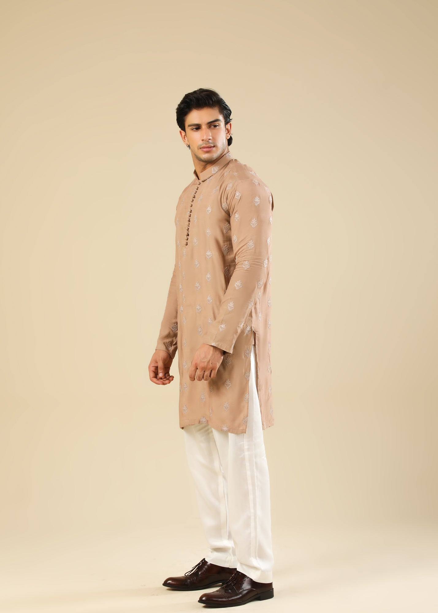 raw silk Kurta Set in White, peach orange by Muraqsh