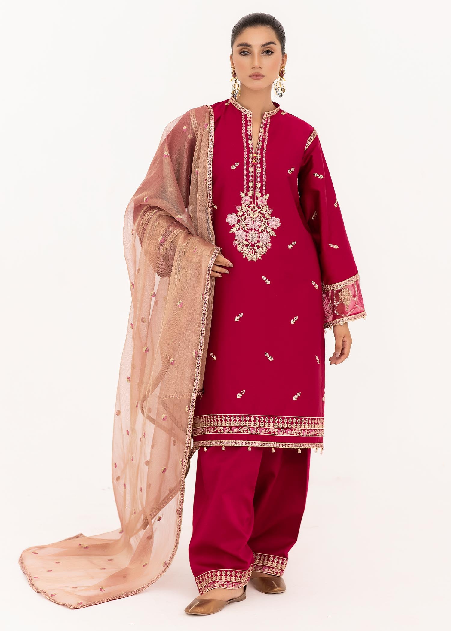 cotton satin Kurta Set in Red