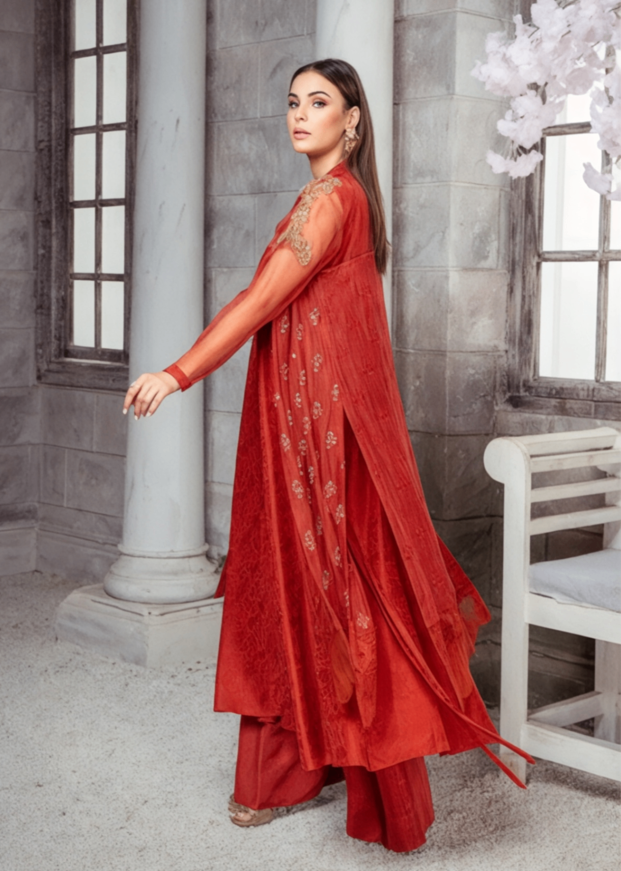 khaddi net Gown in Flame