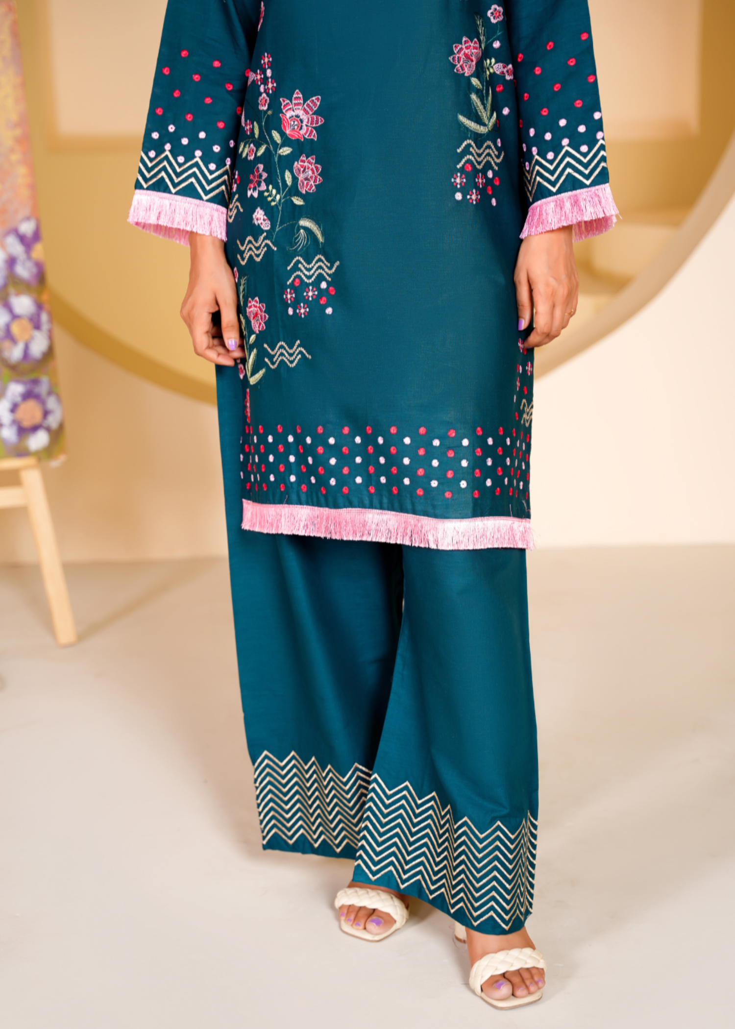 lawn cotton Kurta Set in Steel blue