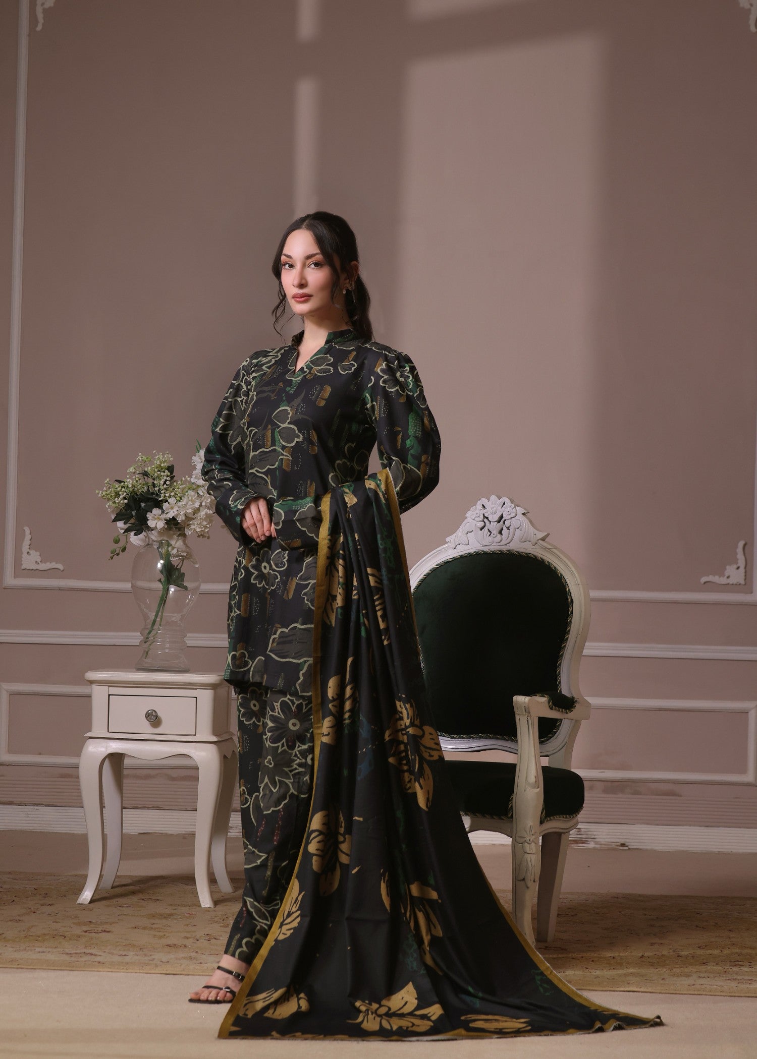 twill khaddar Kurta Set in Jet black