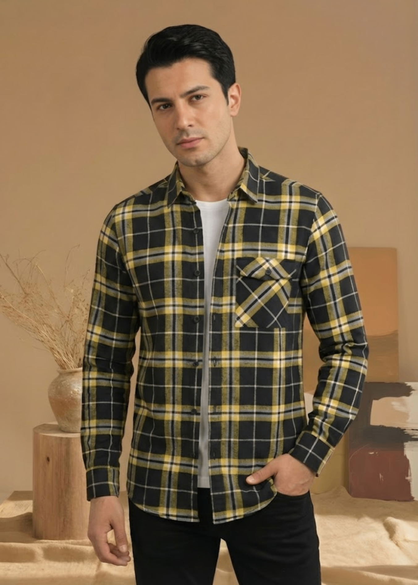 flannel Casual Shirt in Black, yellow