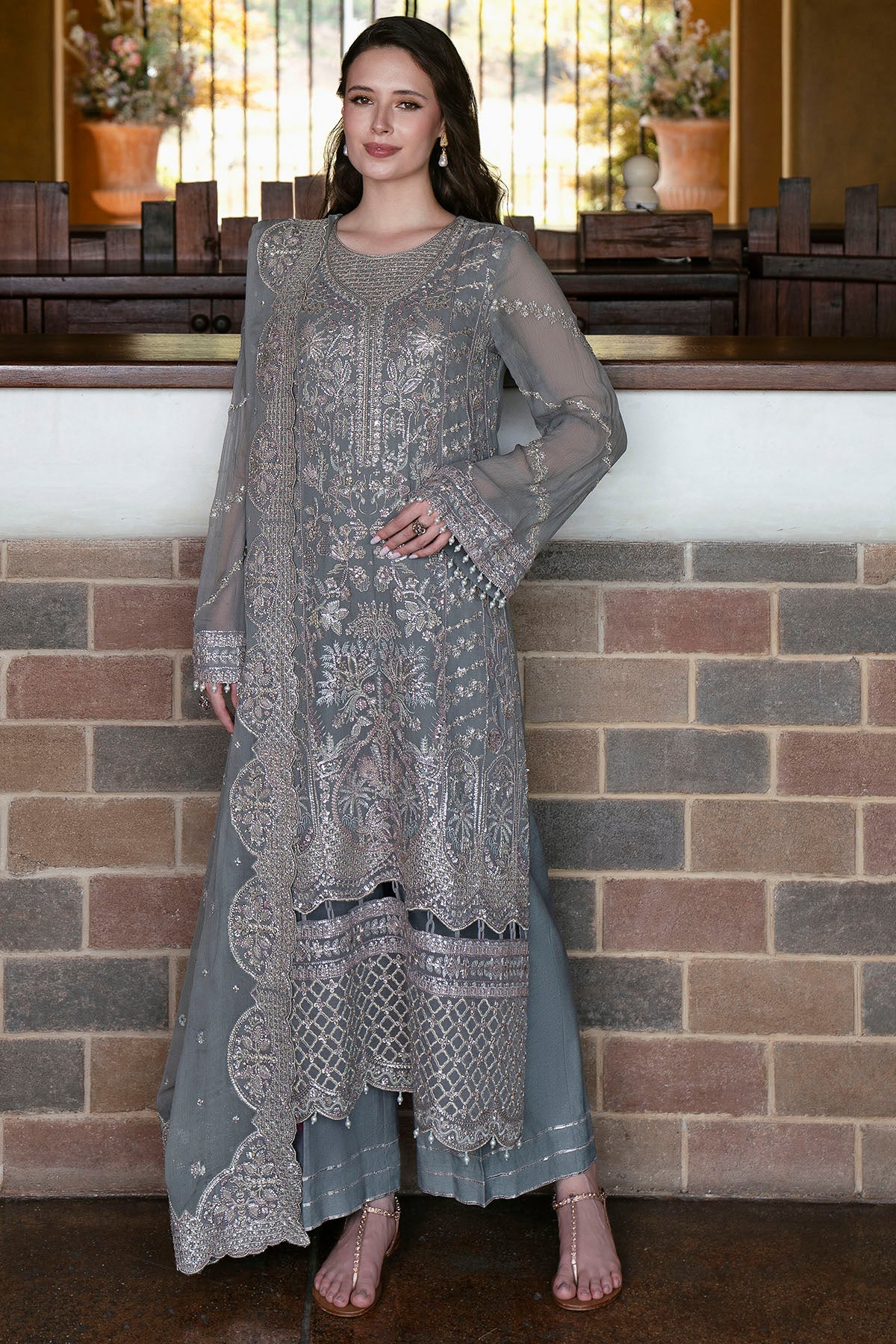 crinkle chiffon Kurta Set in Ash grey