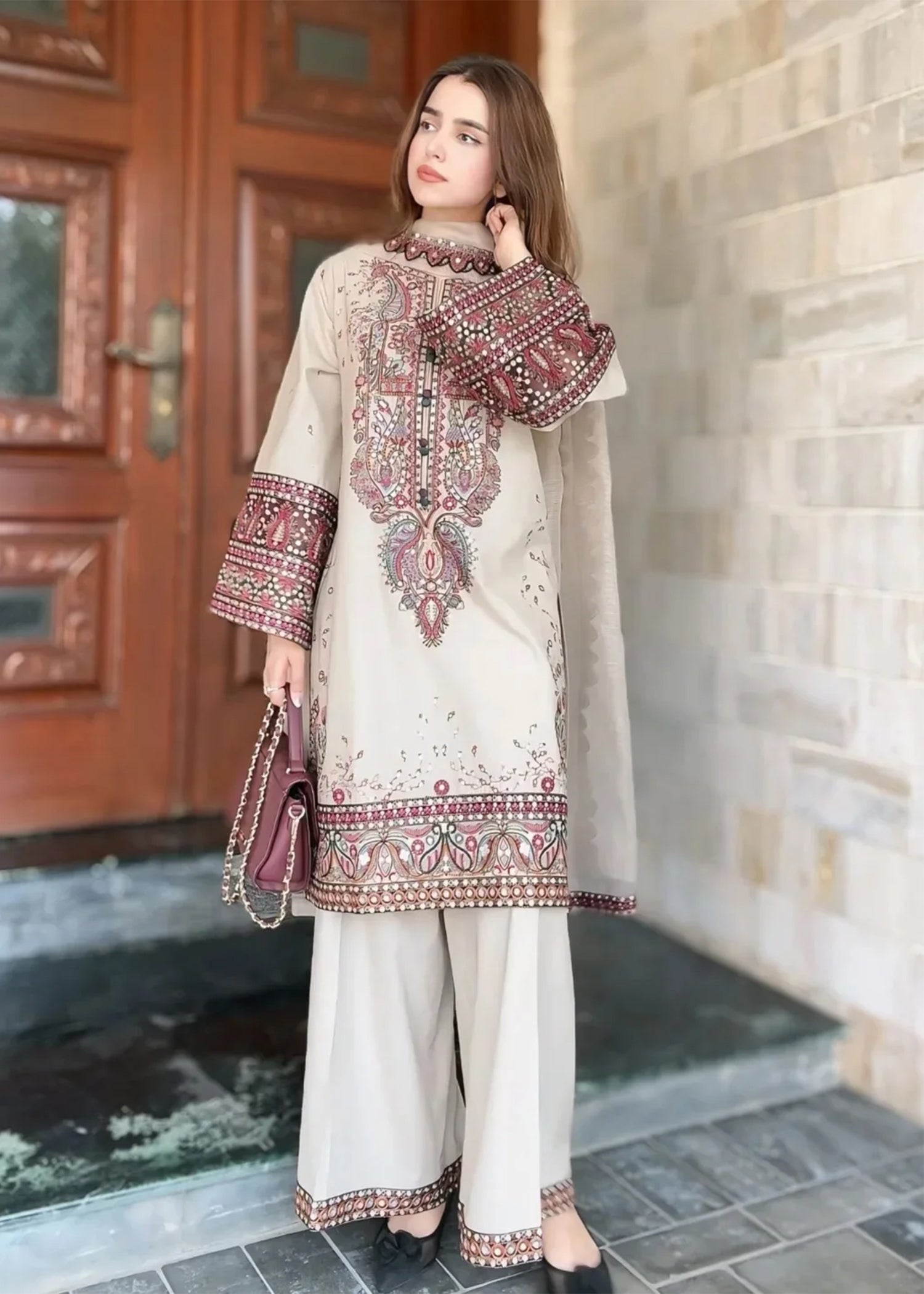 cotton Kurta Set in Beige