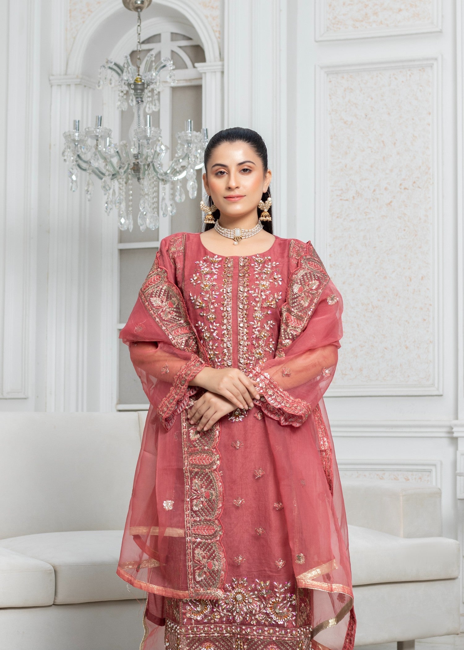 organza Kurta Set in Taffy pink