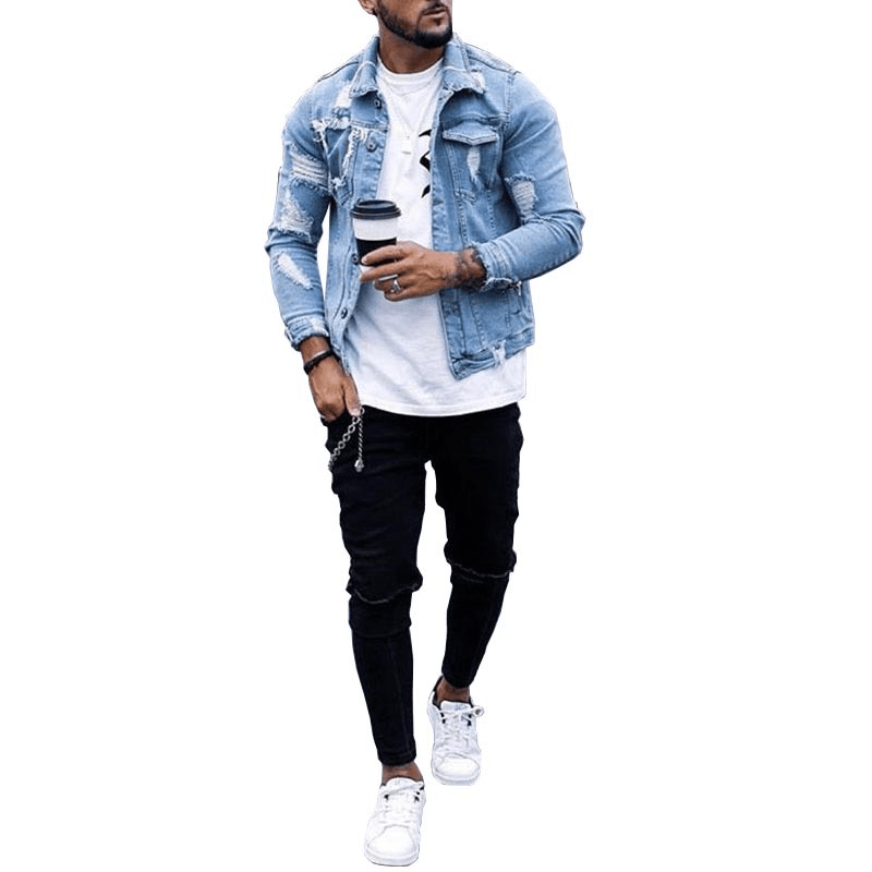 Lapel Men'S Denim Jacket Ripped Irregular Washed Jacket