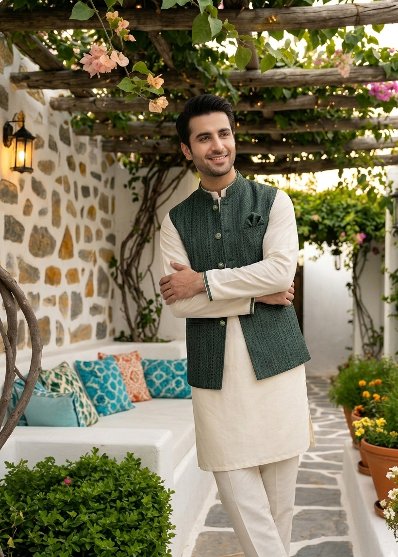 jamawar Waistcoat in Green by Dulha Fashion House