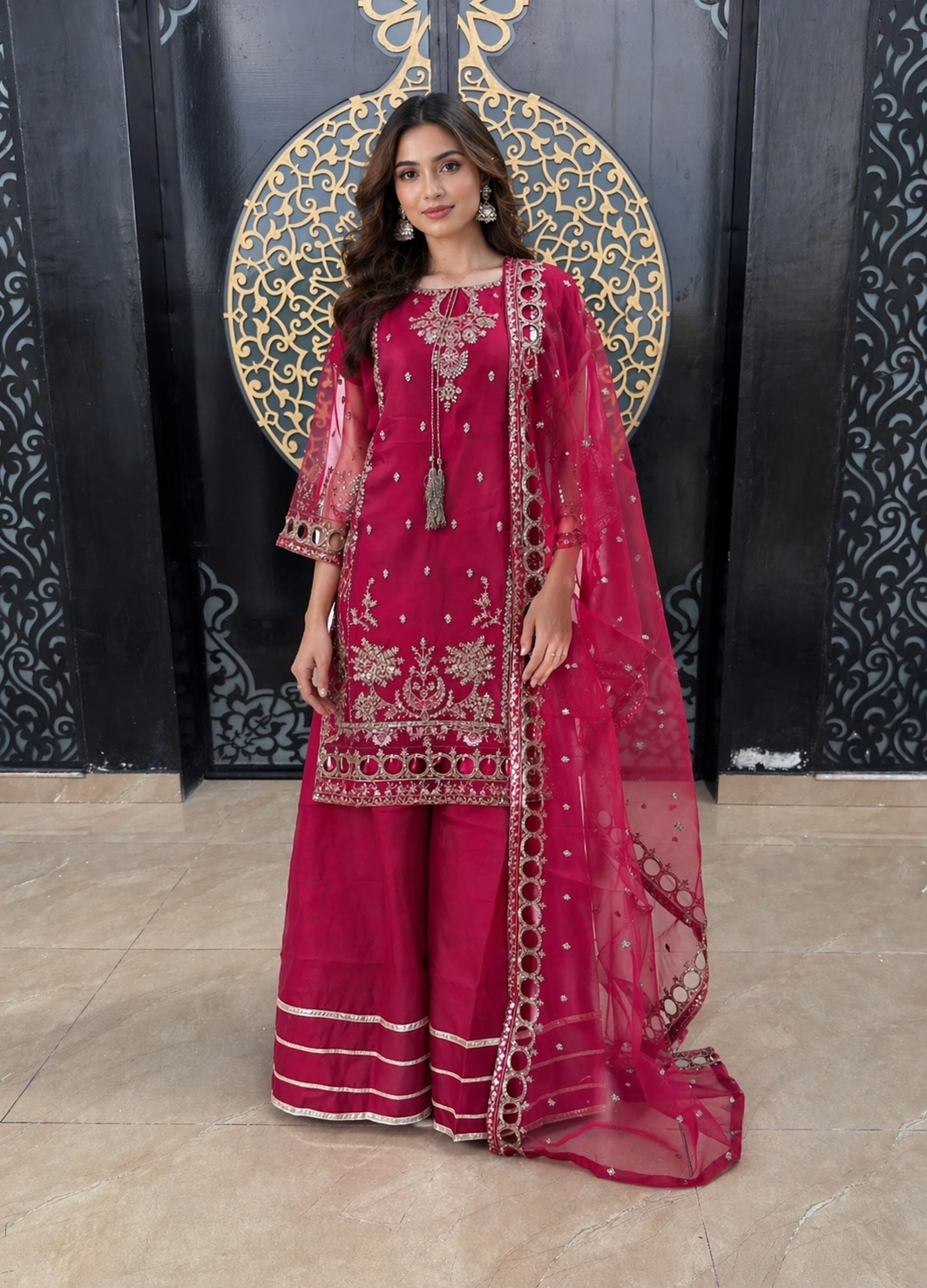 organza Sharara in Maroon