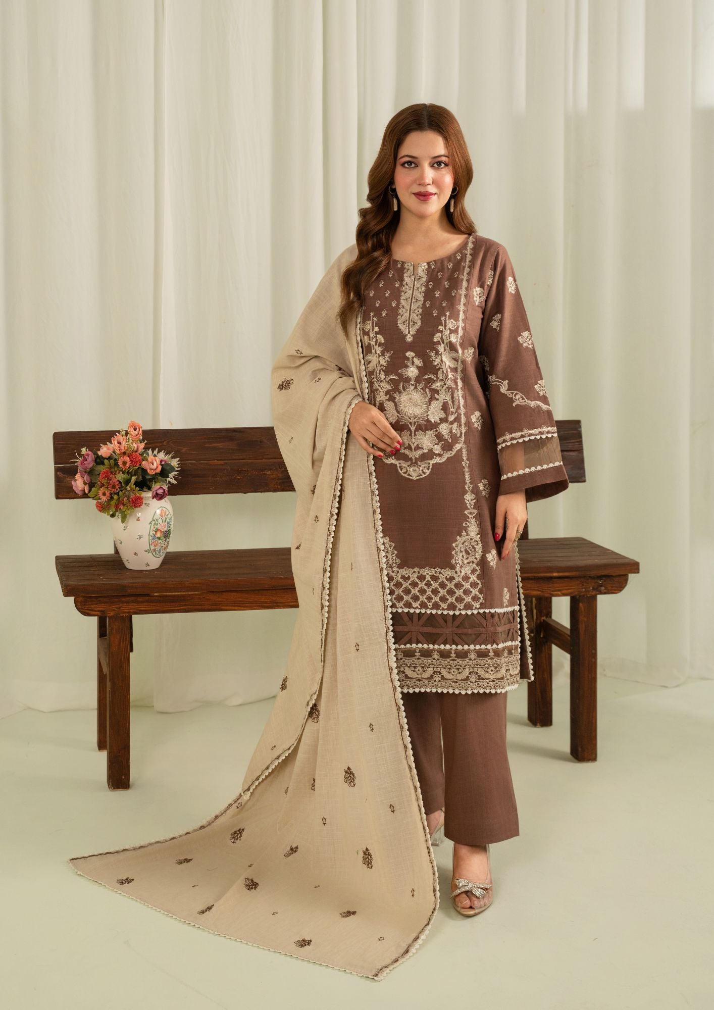 khaddar Kurta Set in Beige, coffee brown