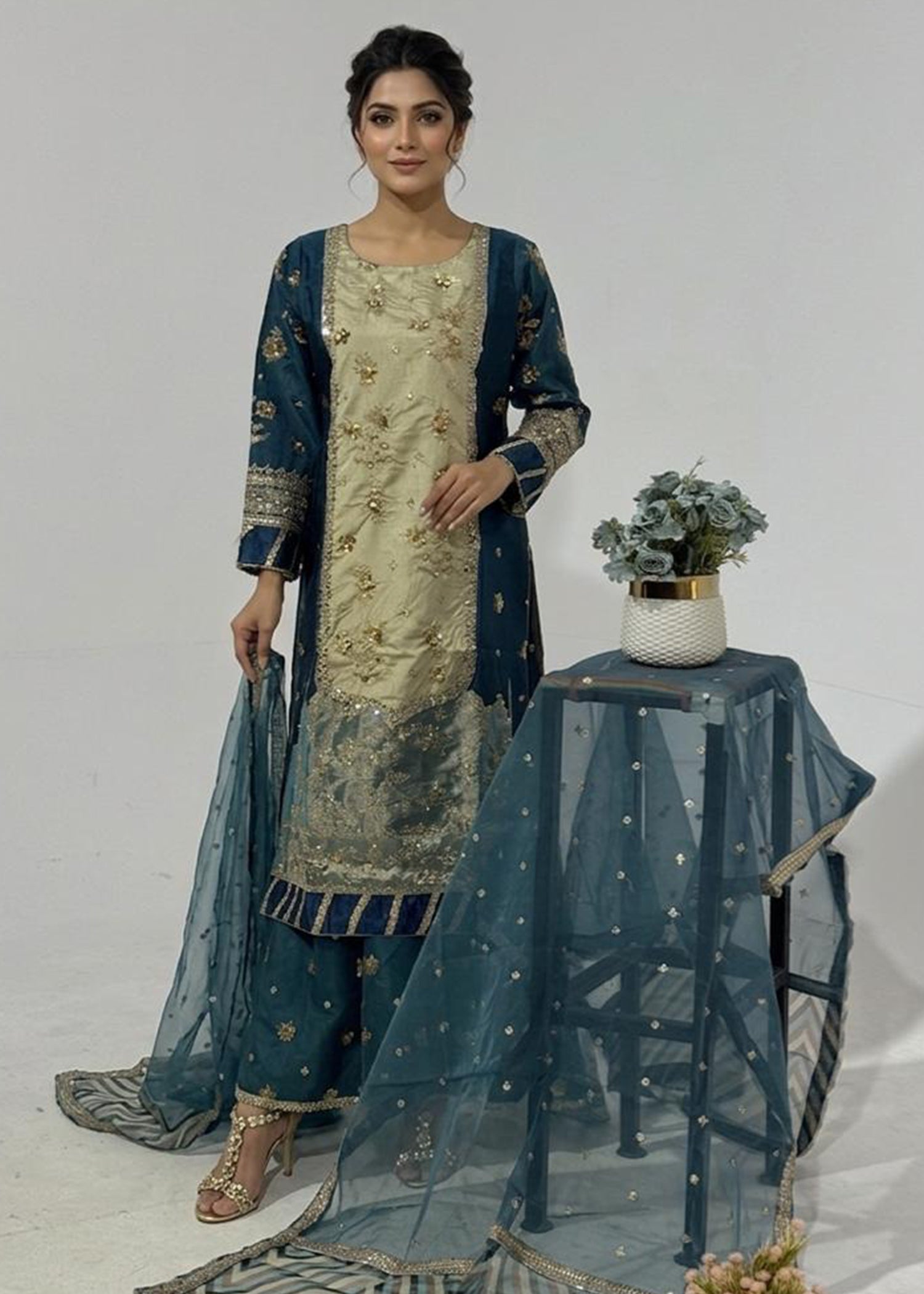tissue Kurta Set in Twilight blue