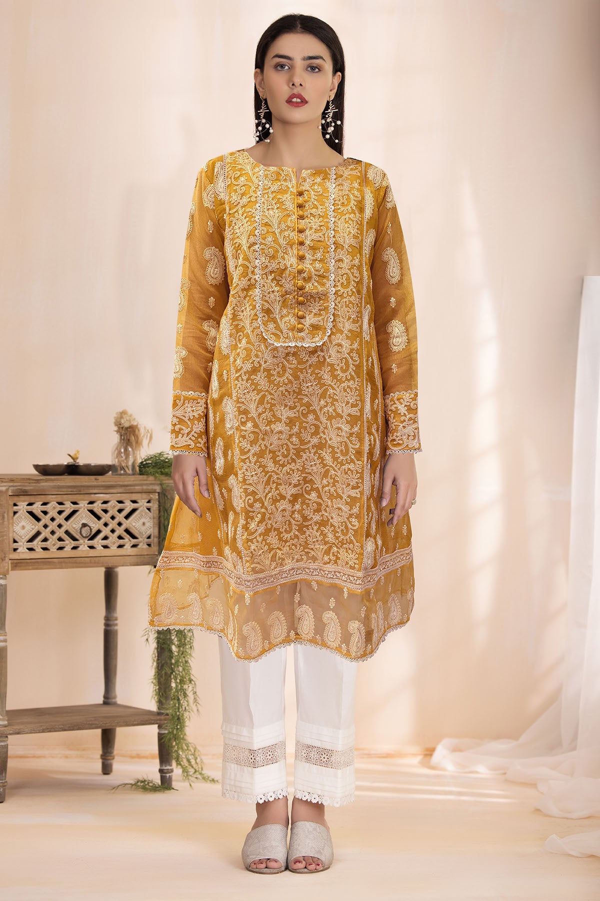 silk cotton net Kurta Set in Gold