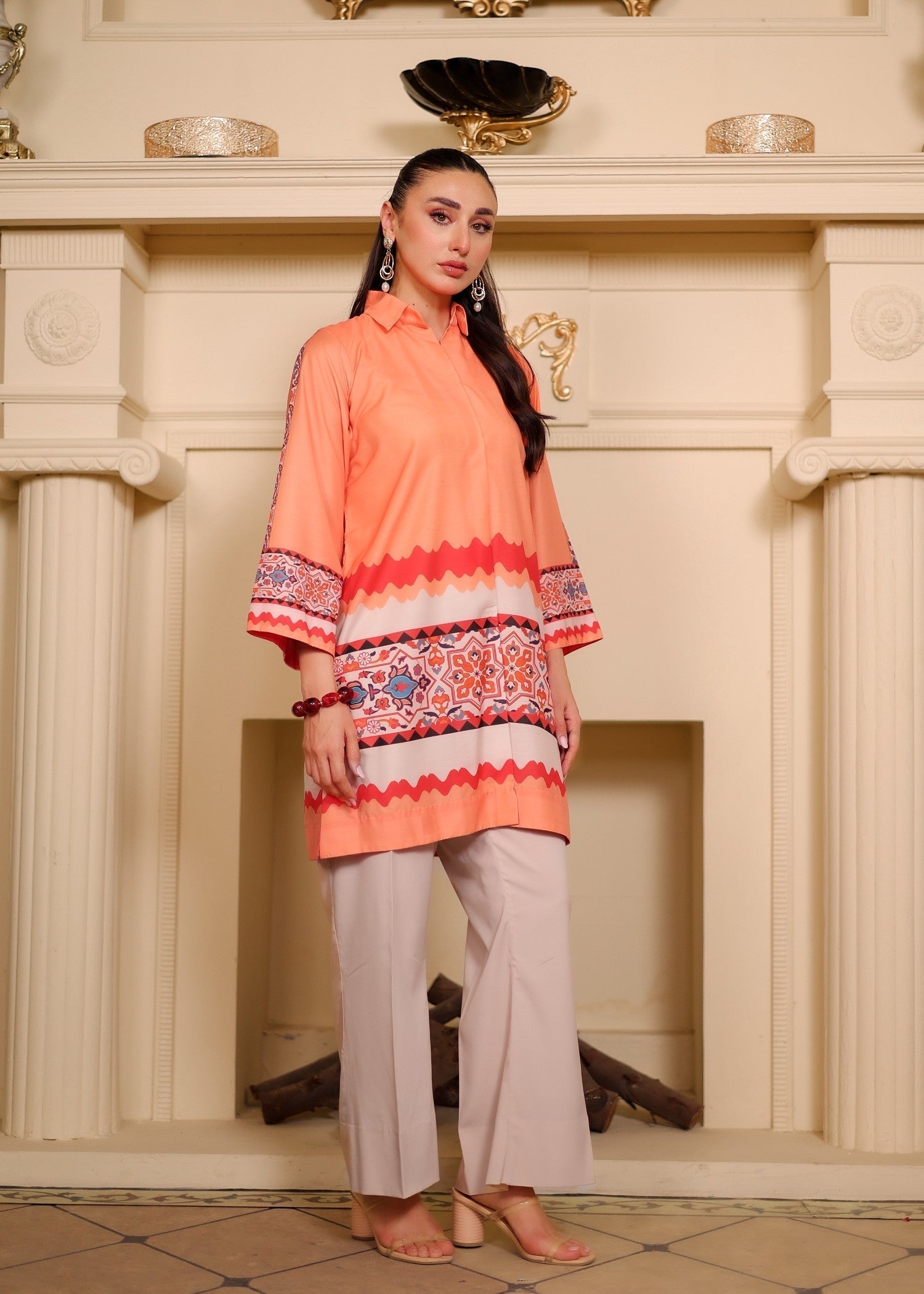 cambric Kurta Set in Peach orange