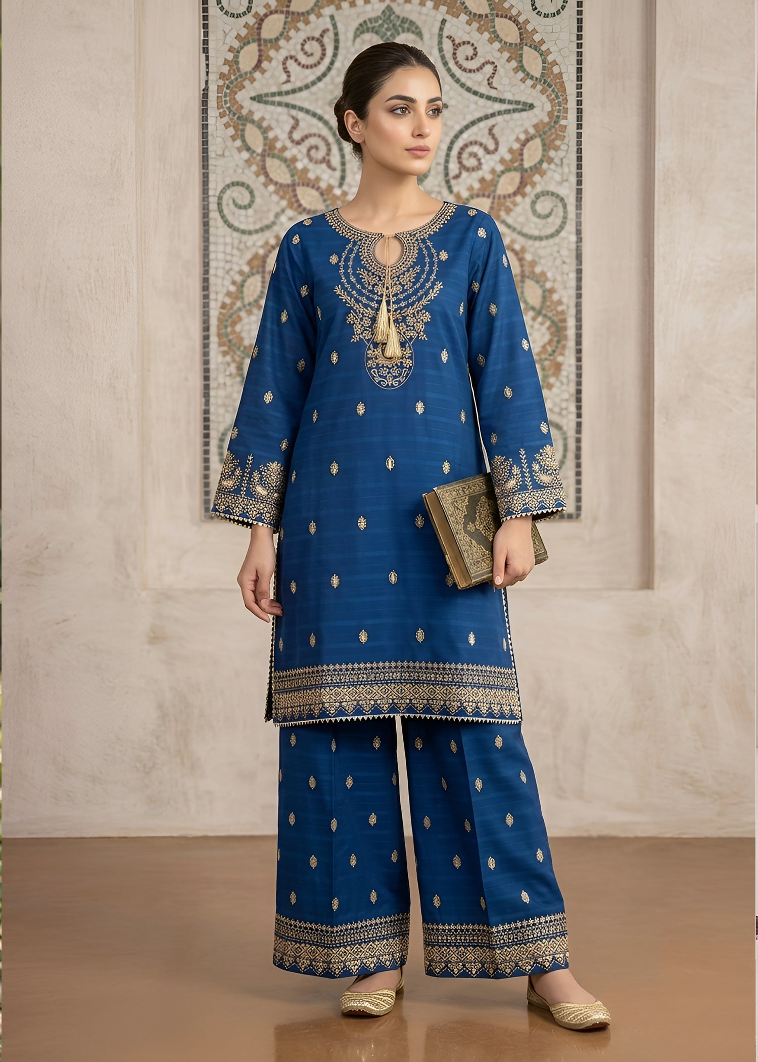 cotton jacquard Kurta Set in Royal blue