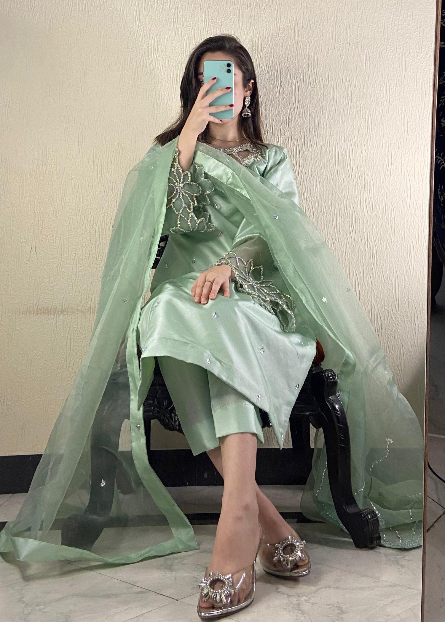 silk Kurta Set in Pistachio green