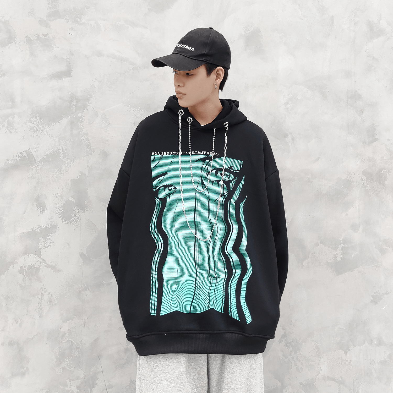 Retro Teary Geometric Print Hip Hop plus Fleece Hooded Sweatshirt