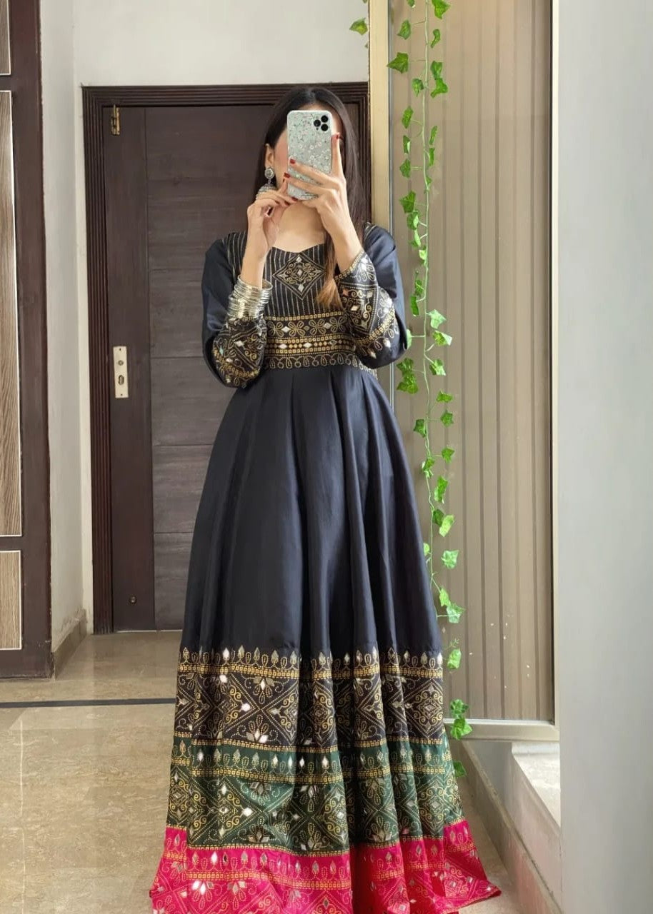 satin silk Anarkali in Black