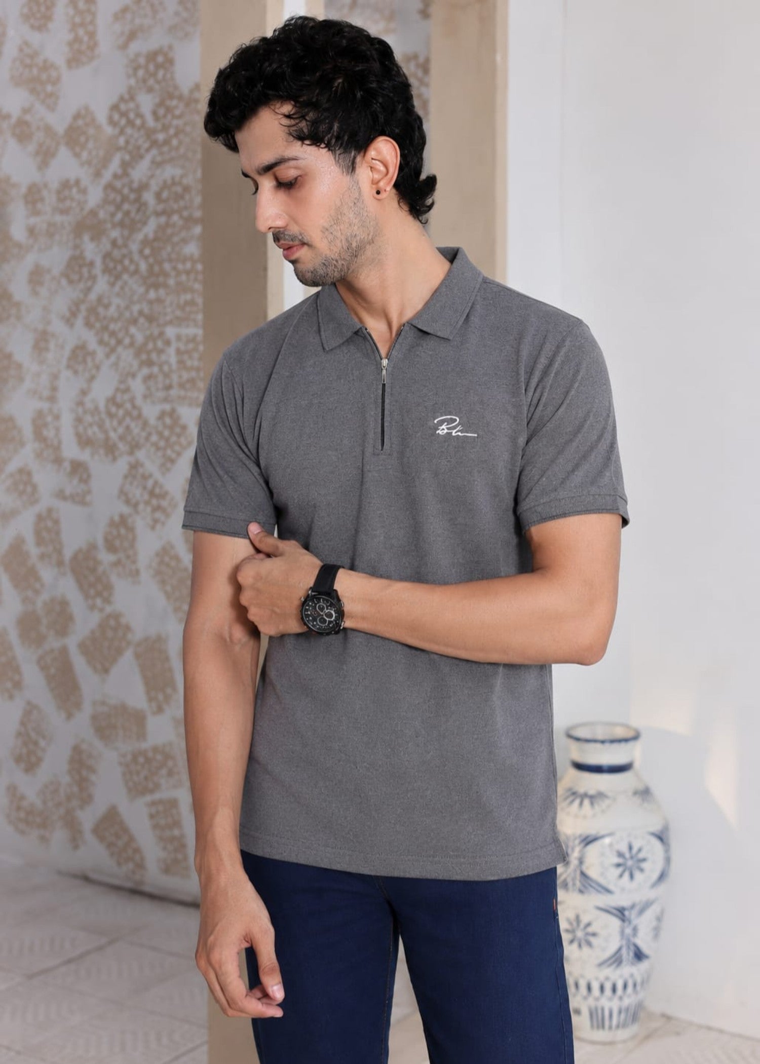 cotton Polo Shirt in Grey