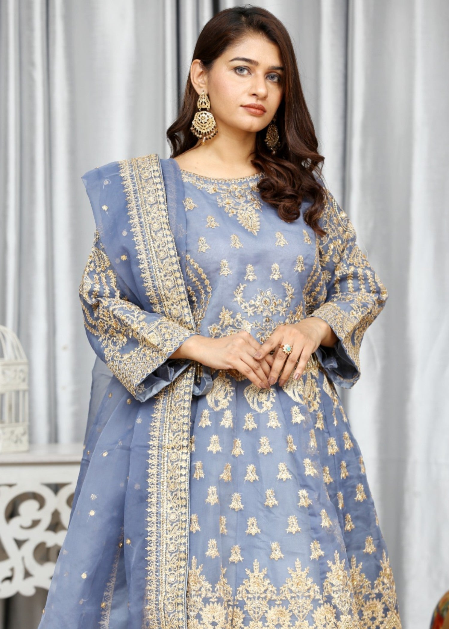 organza Lehenga in Duck egg grey