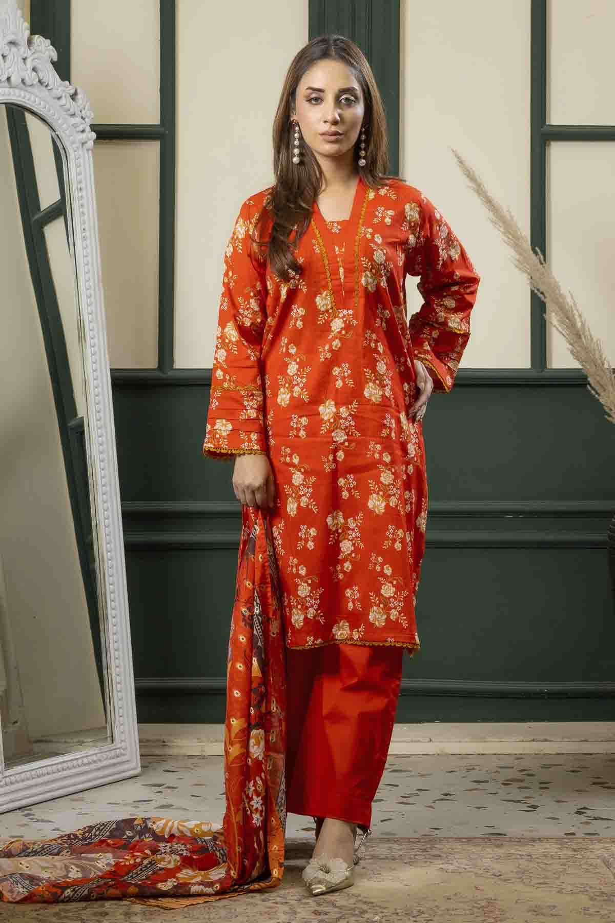 lawn voile Kurta Set in Coral orange