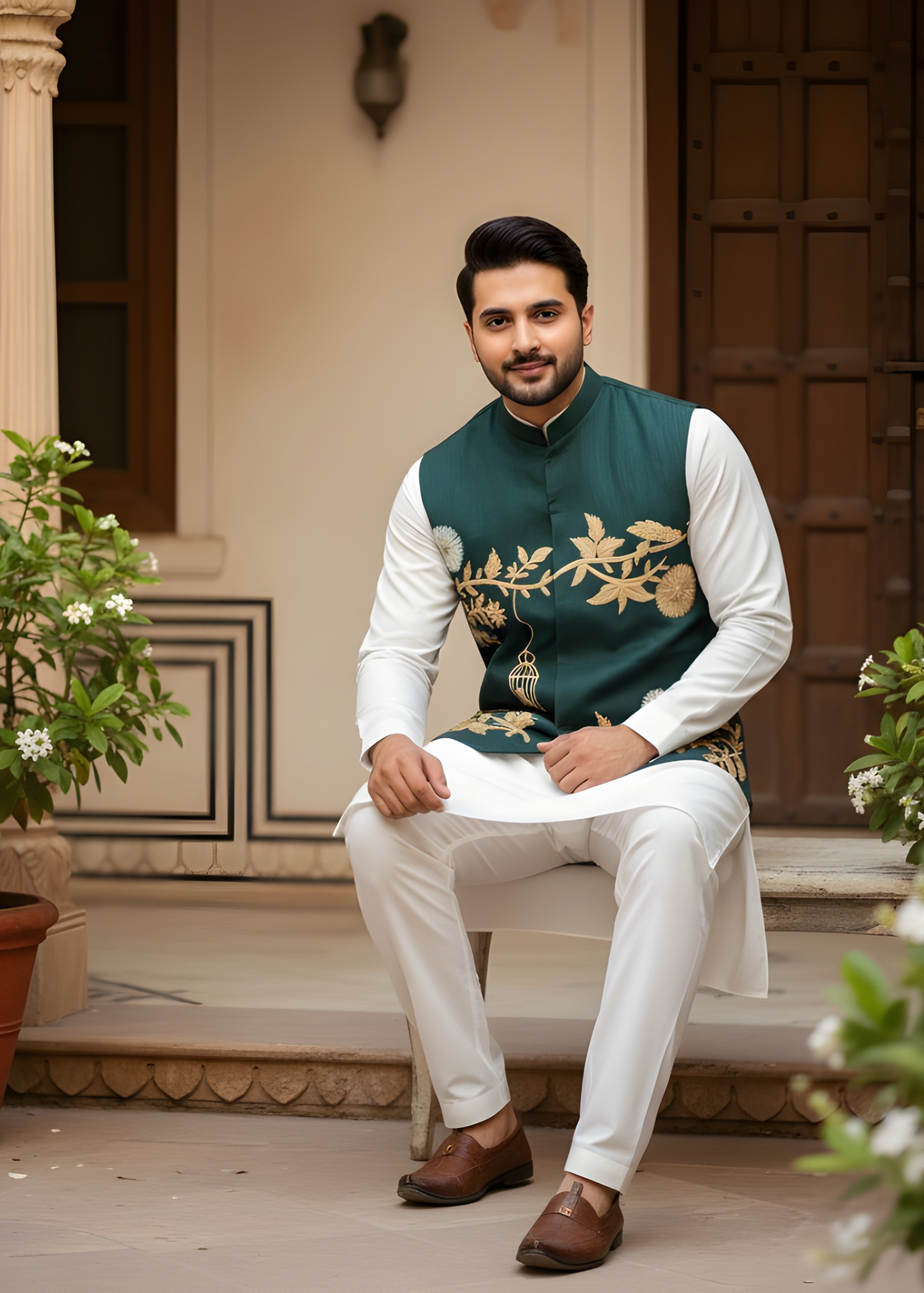 raw silk Waistcoat in Bottle green