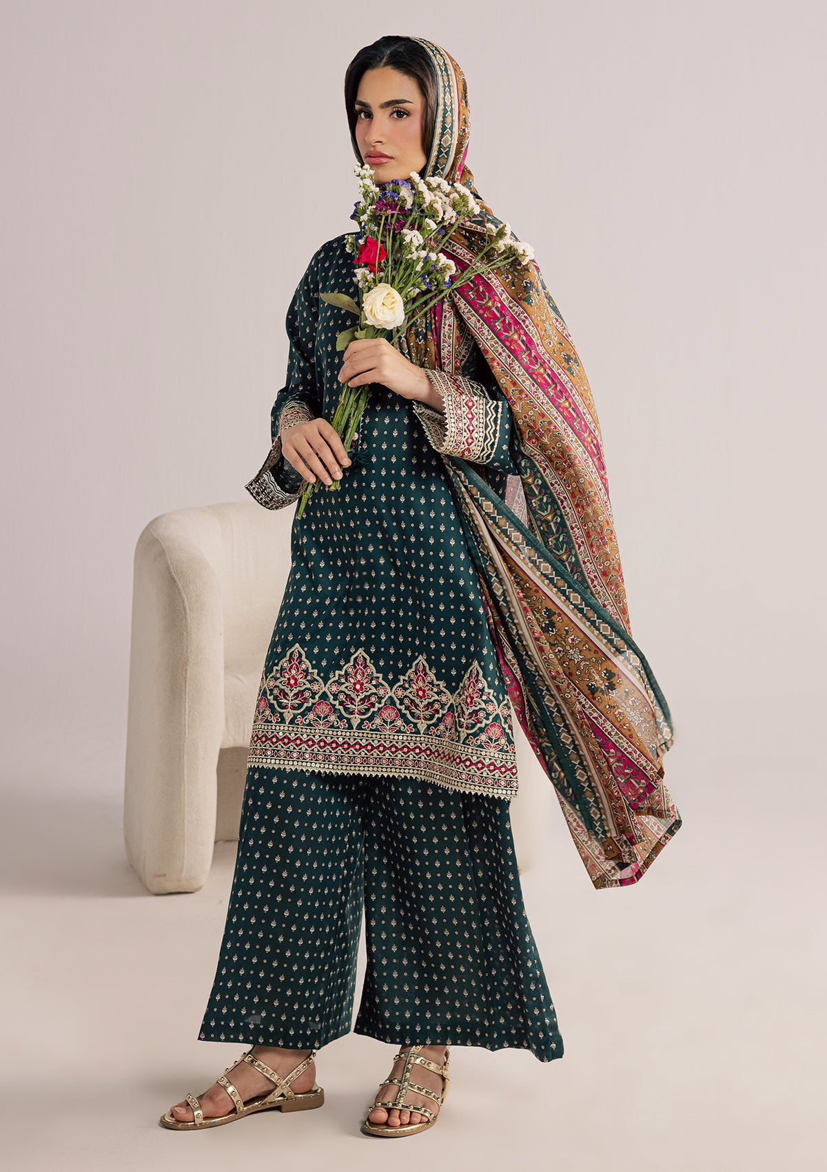 lawn Kurta Set in Forest green