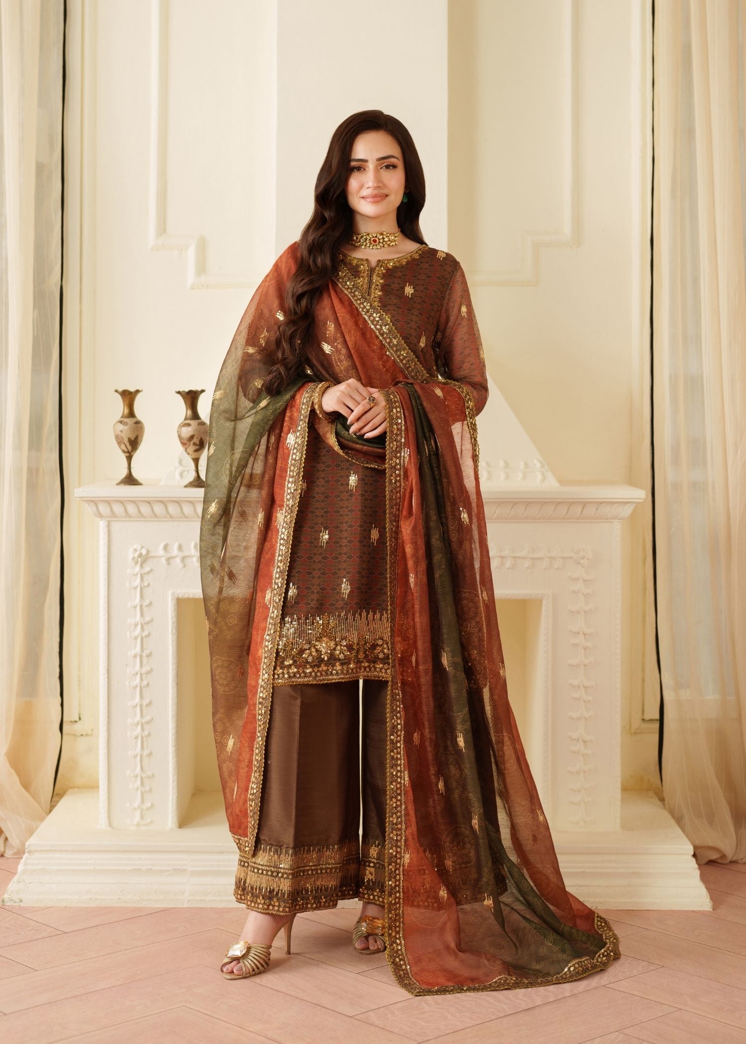 net Kurta Set in Brown