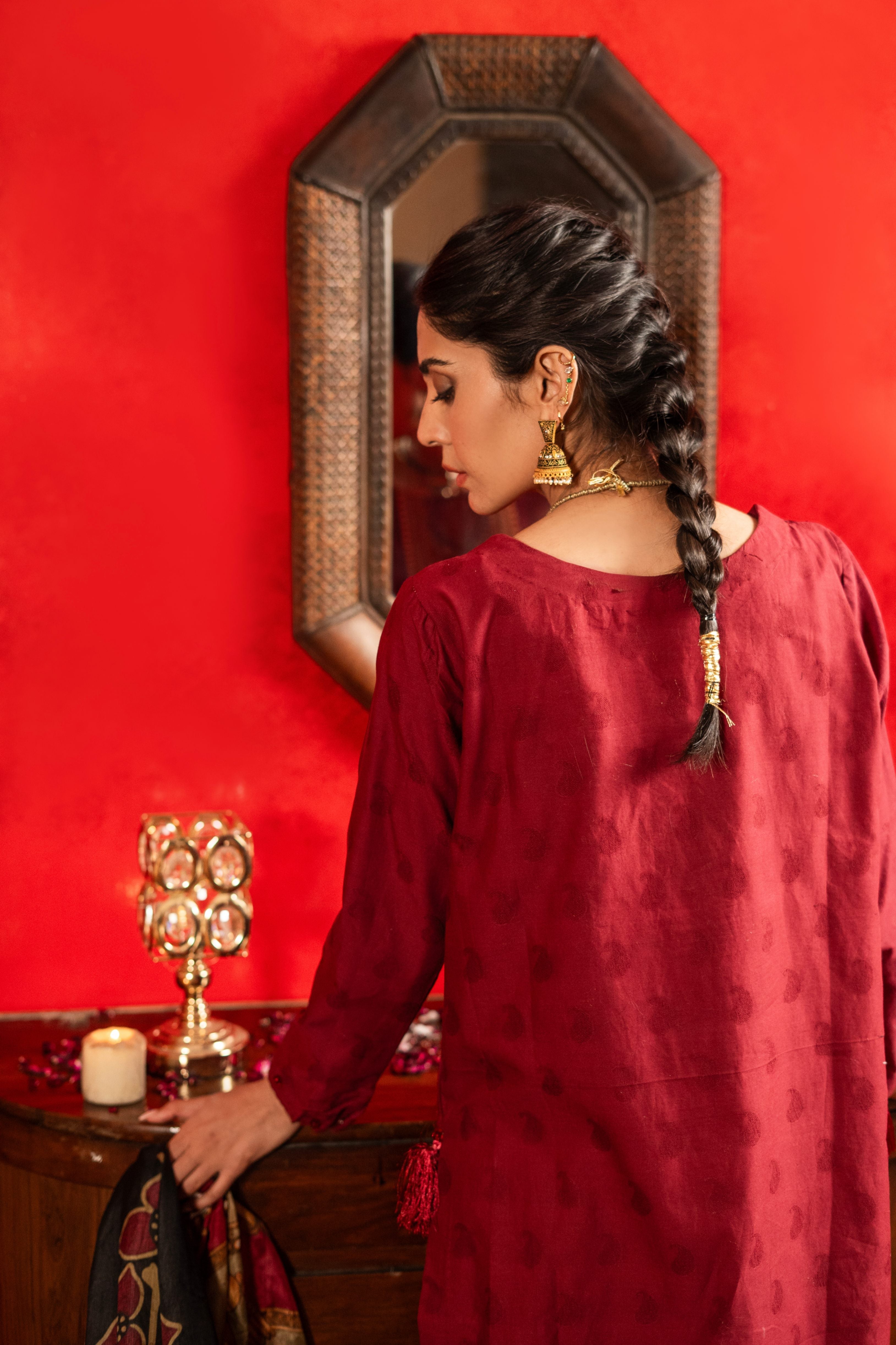 dobby Kurta Set in Maroon