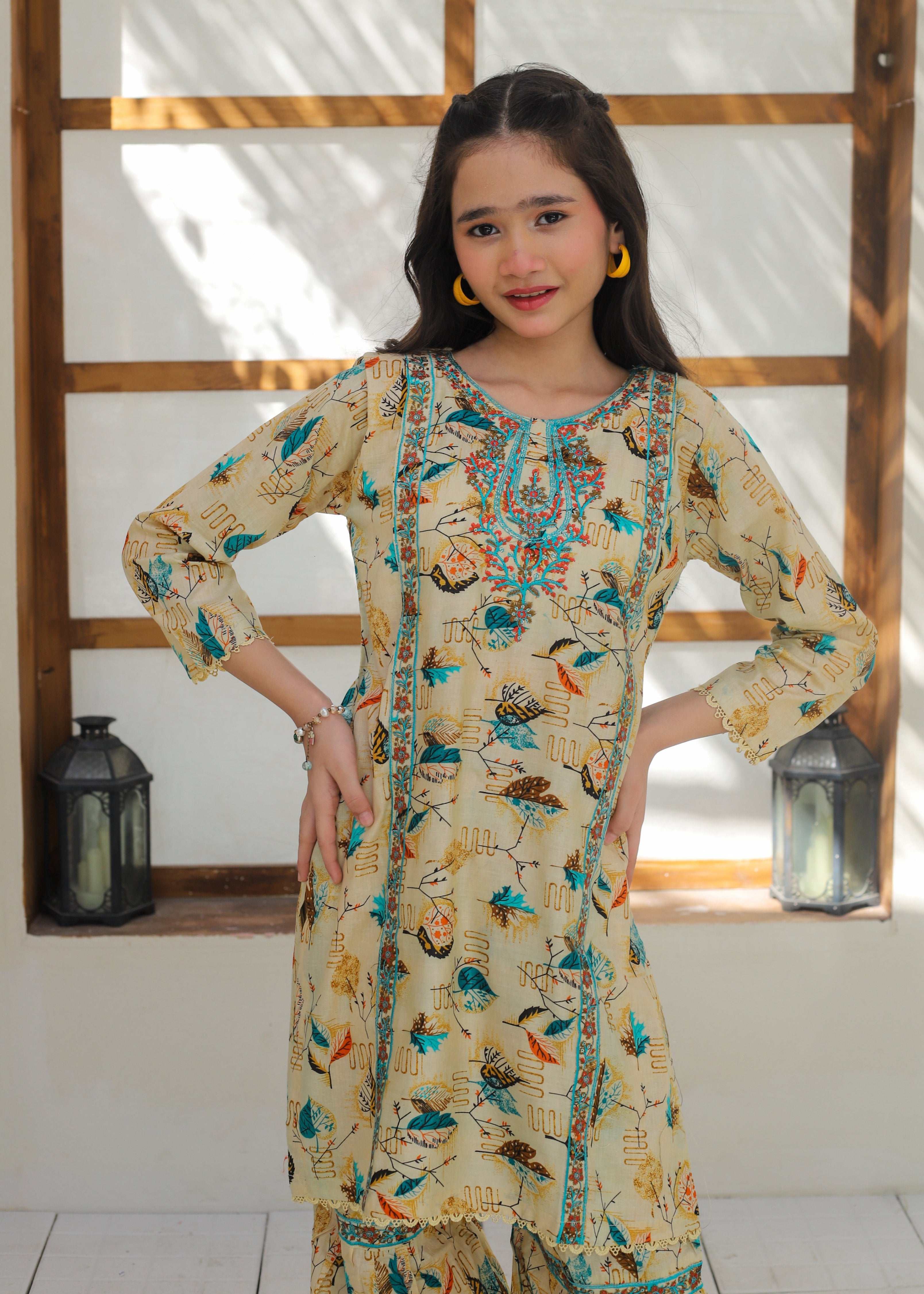 lawn Gharara in Beige