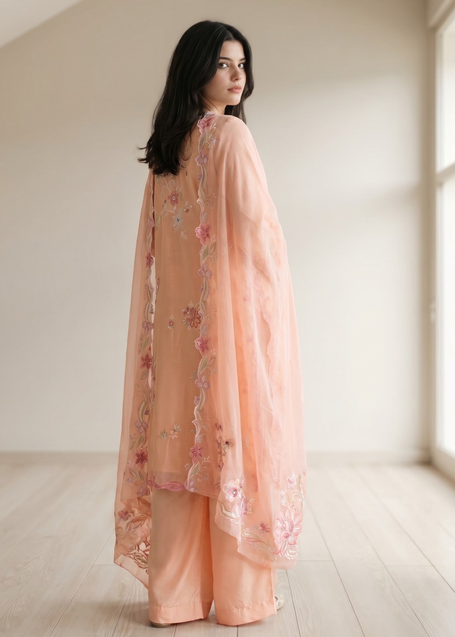 lawn cotton Kurta Set in Peach pink