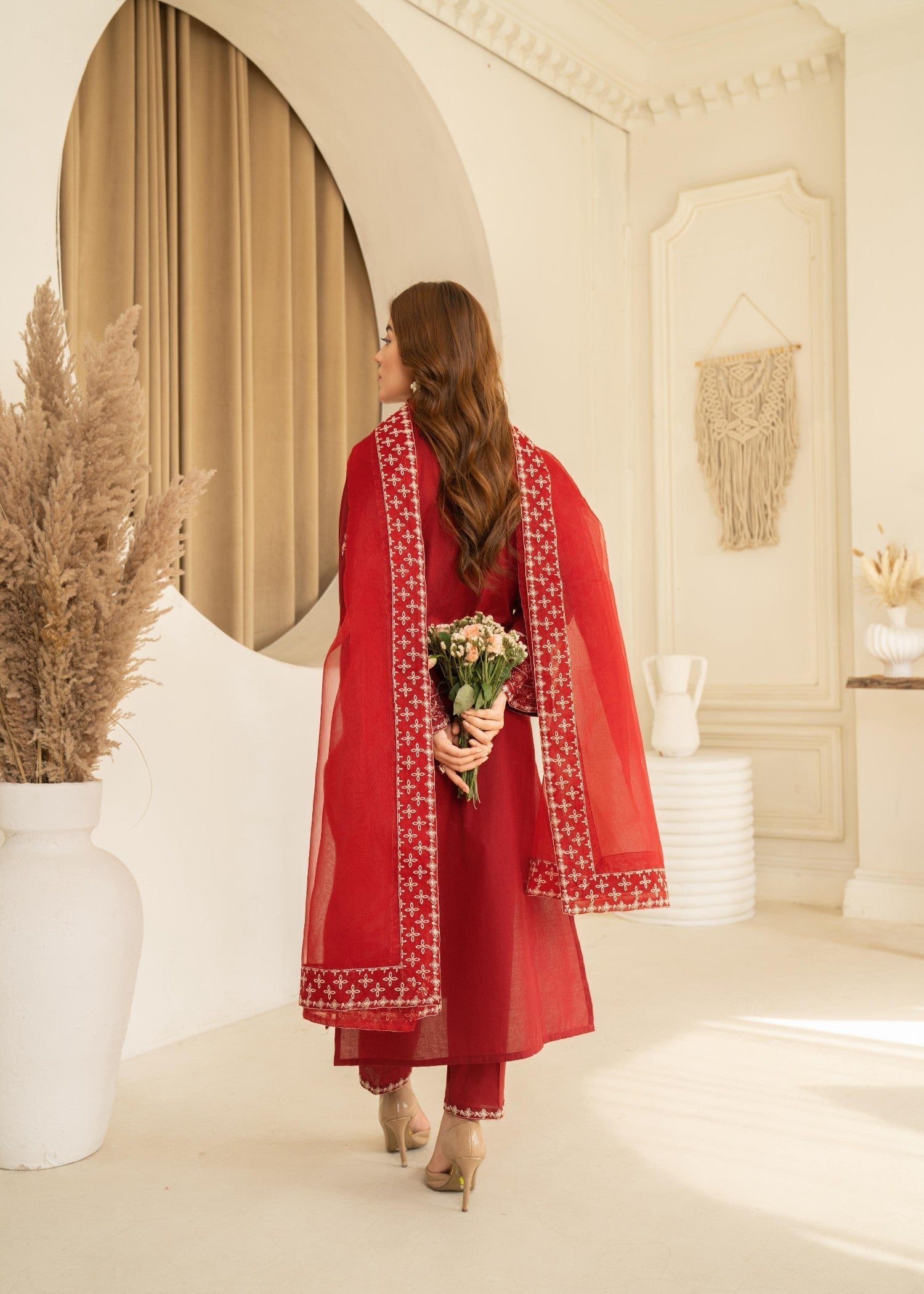 lawn cotton Kurta Set in Chili red