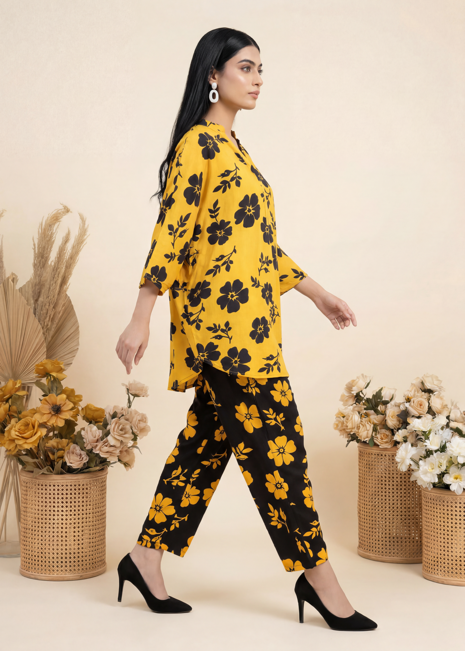arabic lawn Co ord Sets in Black, yellow