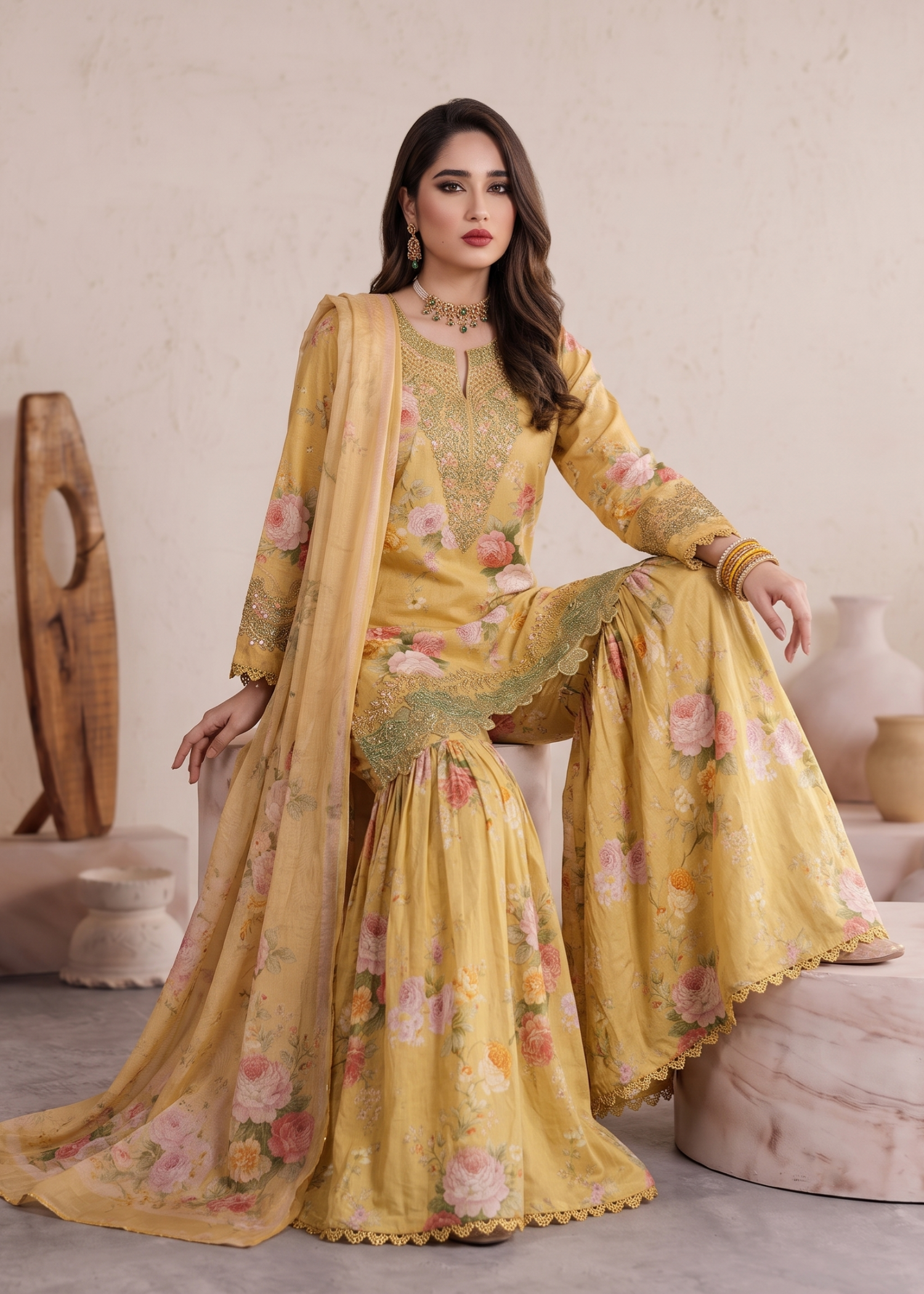 lawn Gharara in Yellow