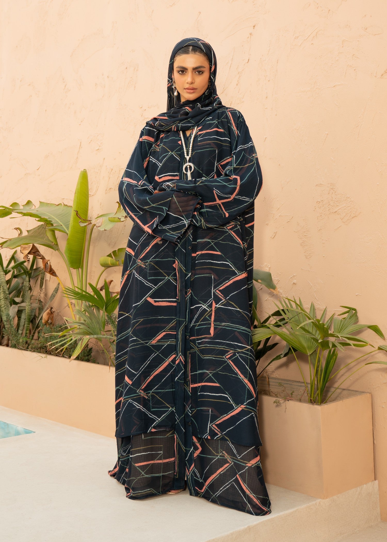 chiffon Abaya in Multi, midnight blue