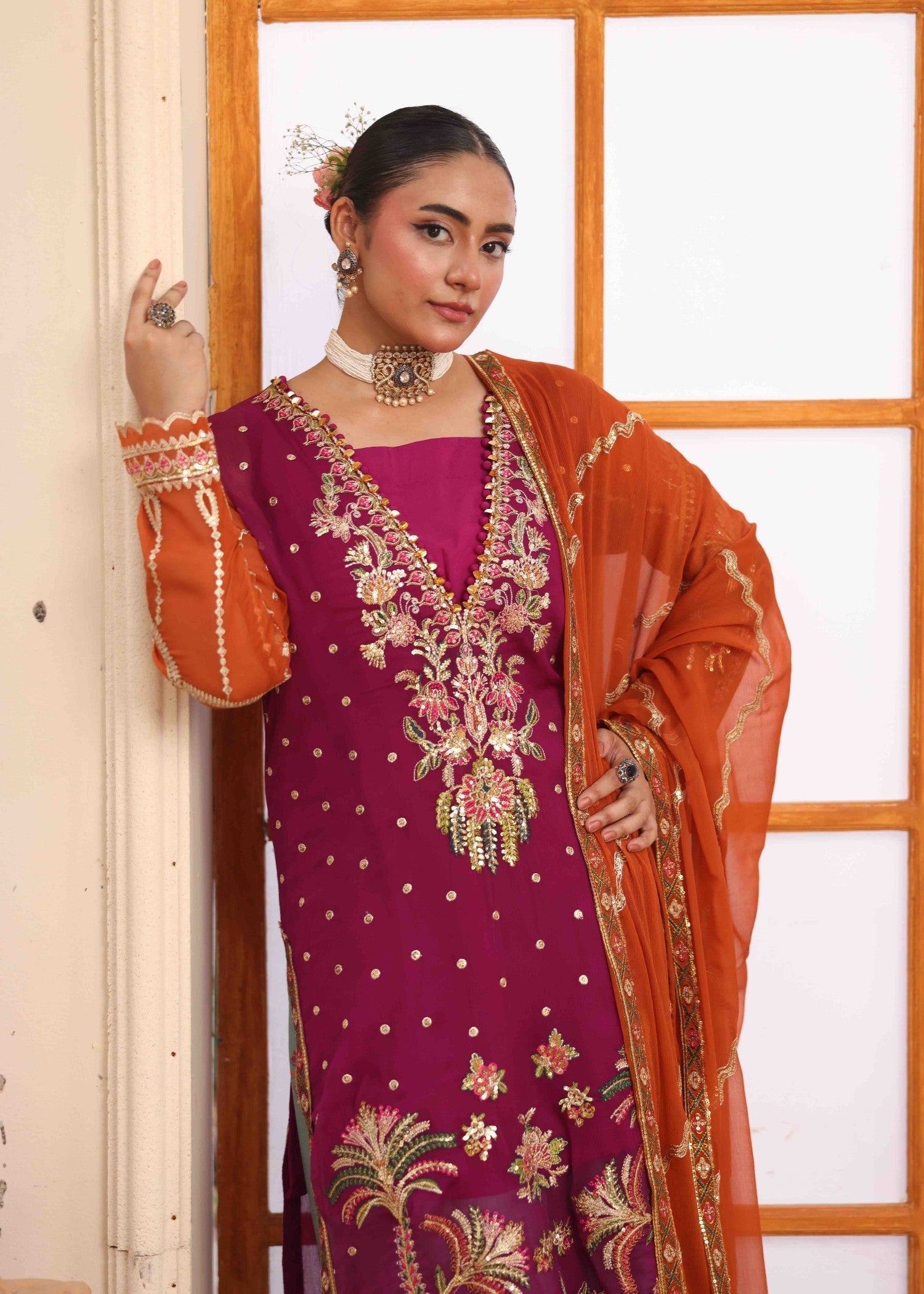 crinkle chiffon Kurta Set in Multi