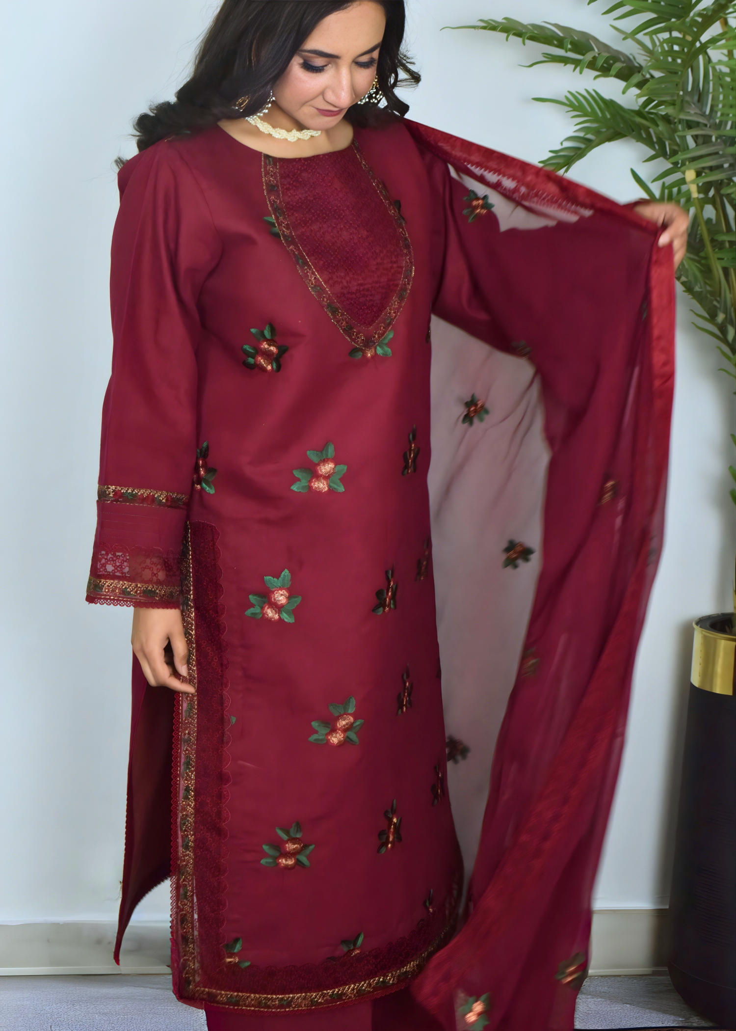 lawn cotton Kurta Set in Maroon