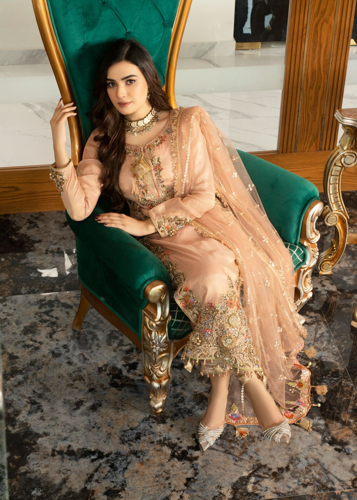 bemberg crinkle chiffon Kurta Set in Peach pink