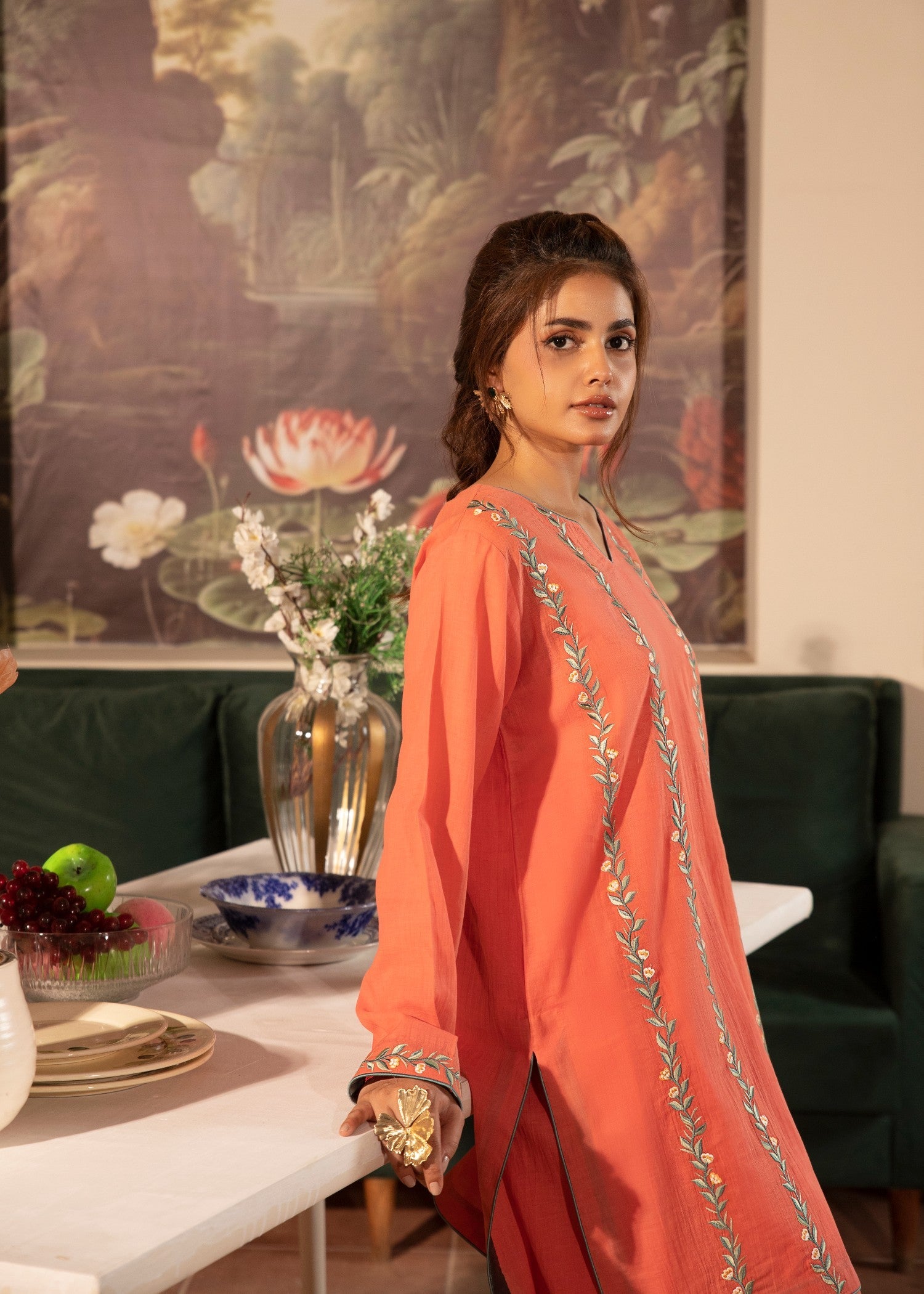 lawn Kurta Set in Sunset orange