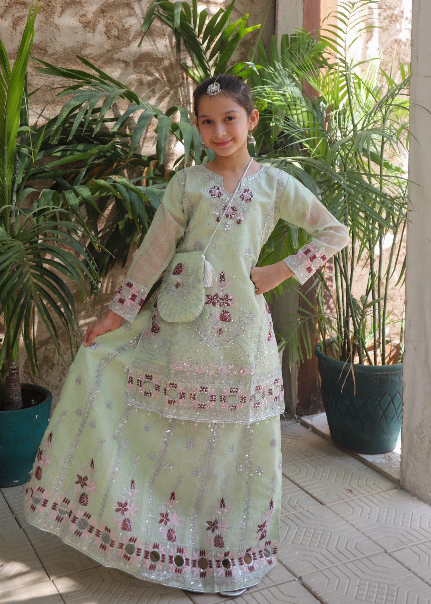 organza Lehenga in Tea green